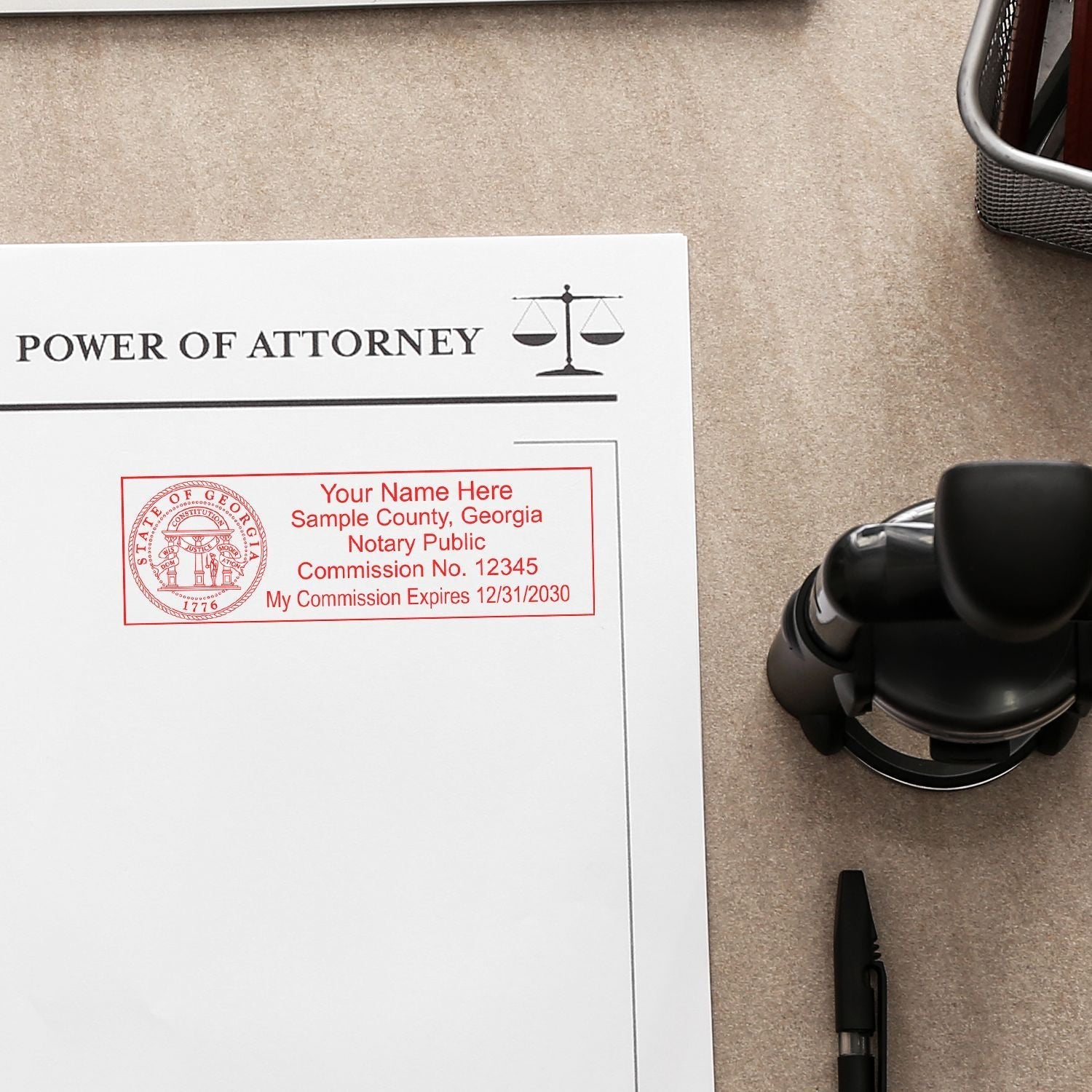 Regular State Seal Notary Stamp in red ink on a Power of Attorney document, with a pen and notary stamp tool nearby on a desk.