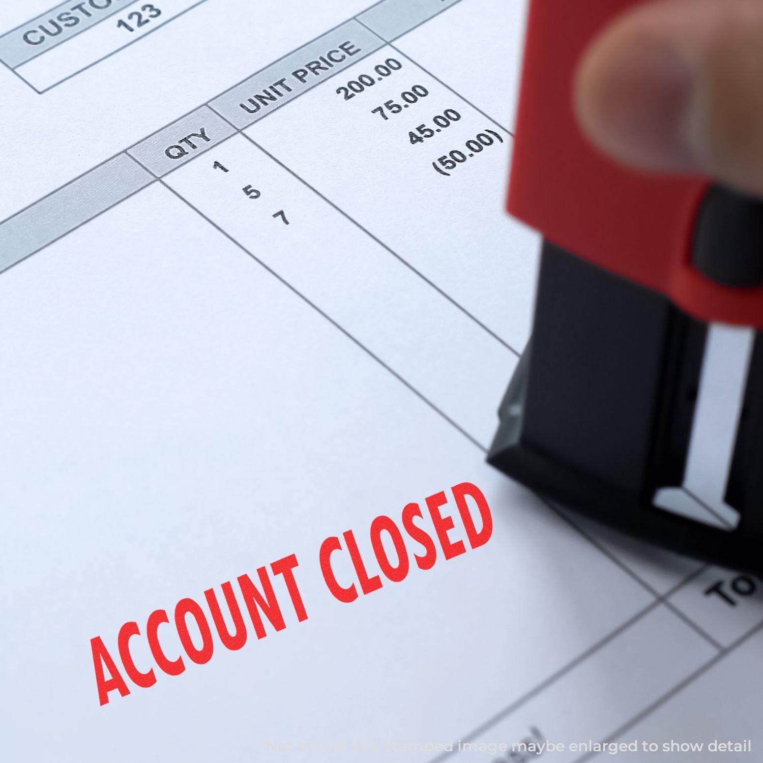 A Large Pre-Inked Account Closed Stamp marking ACCOUNT CLOSED in red on a financial document with itemized pricing details.