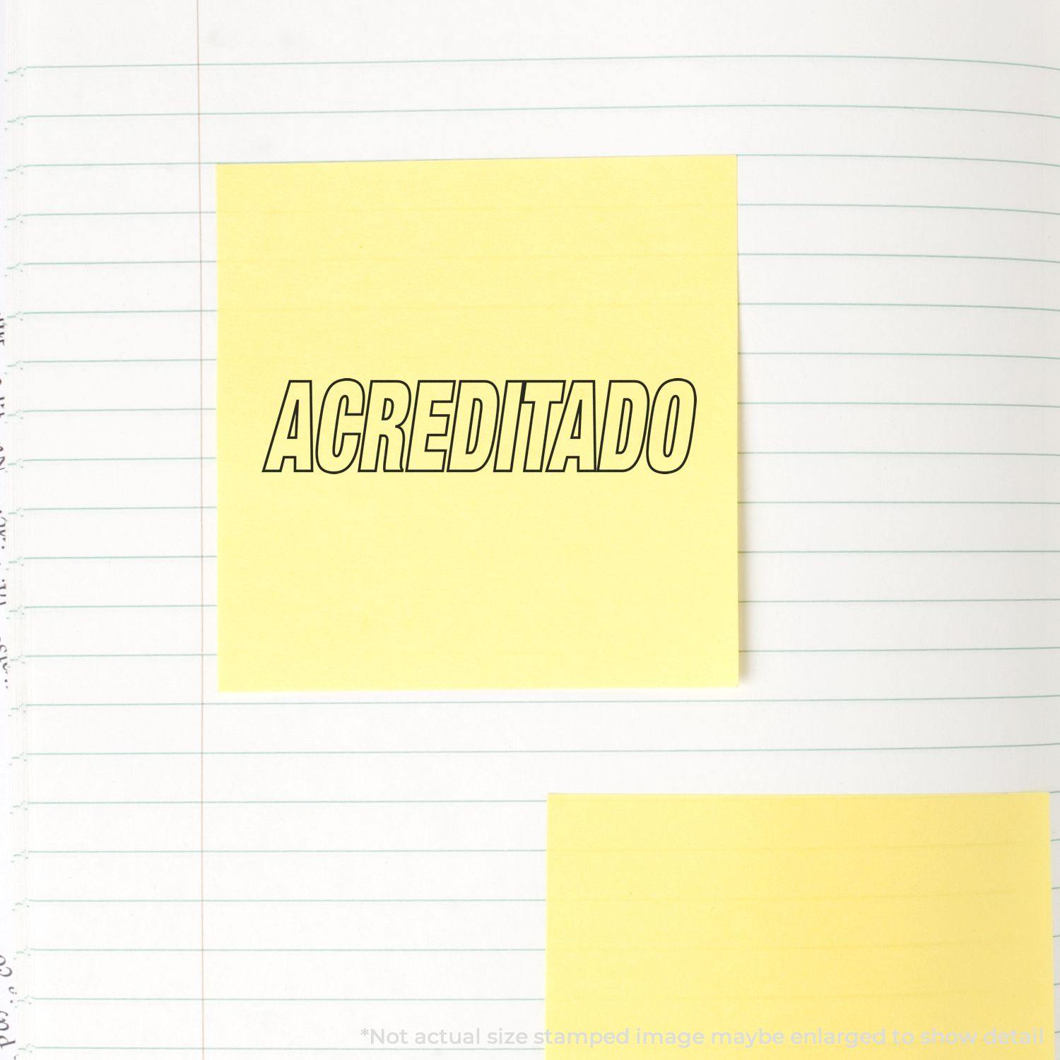 Large Self Inking Acreditado Stamp used on a yellow sticky note placed on a lined notebook page.