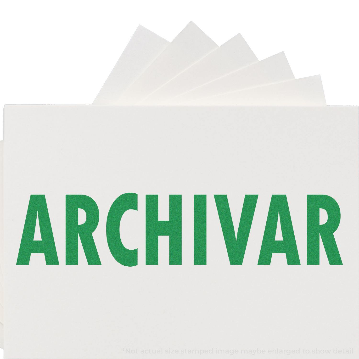 Self Inking Archivar Stamp in green ink on white paper, with multiple stamped impressions fanned out behind the main stamped image.