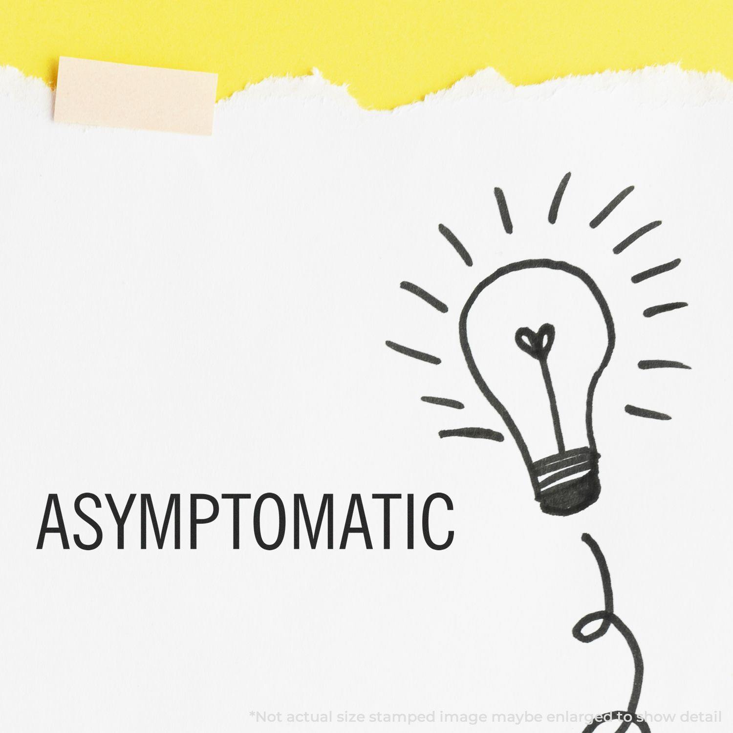 Asymptomatic rubber stamp impression on white paper with a lightbulb illustration and yellow background.