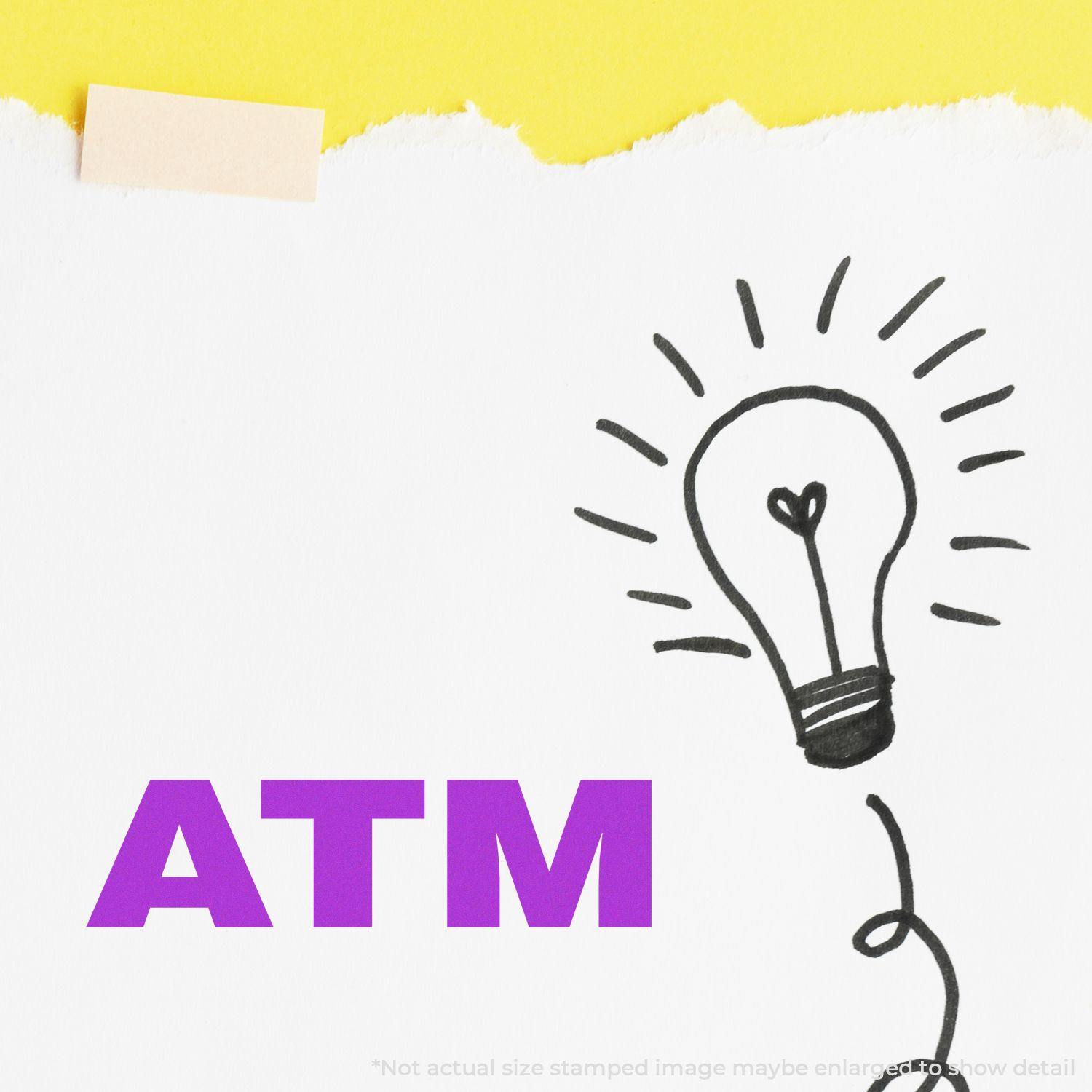 A piece of paper with a lightbulb drawing and the word ATM stamped in purple, representing a Bank Stamp ATM Rubber Stamp.