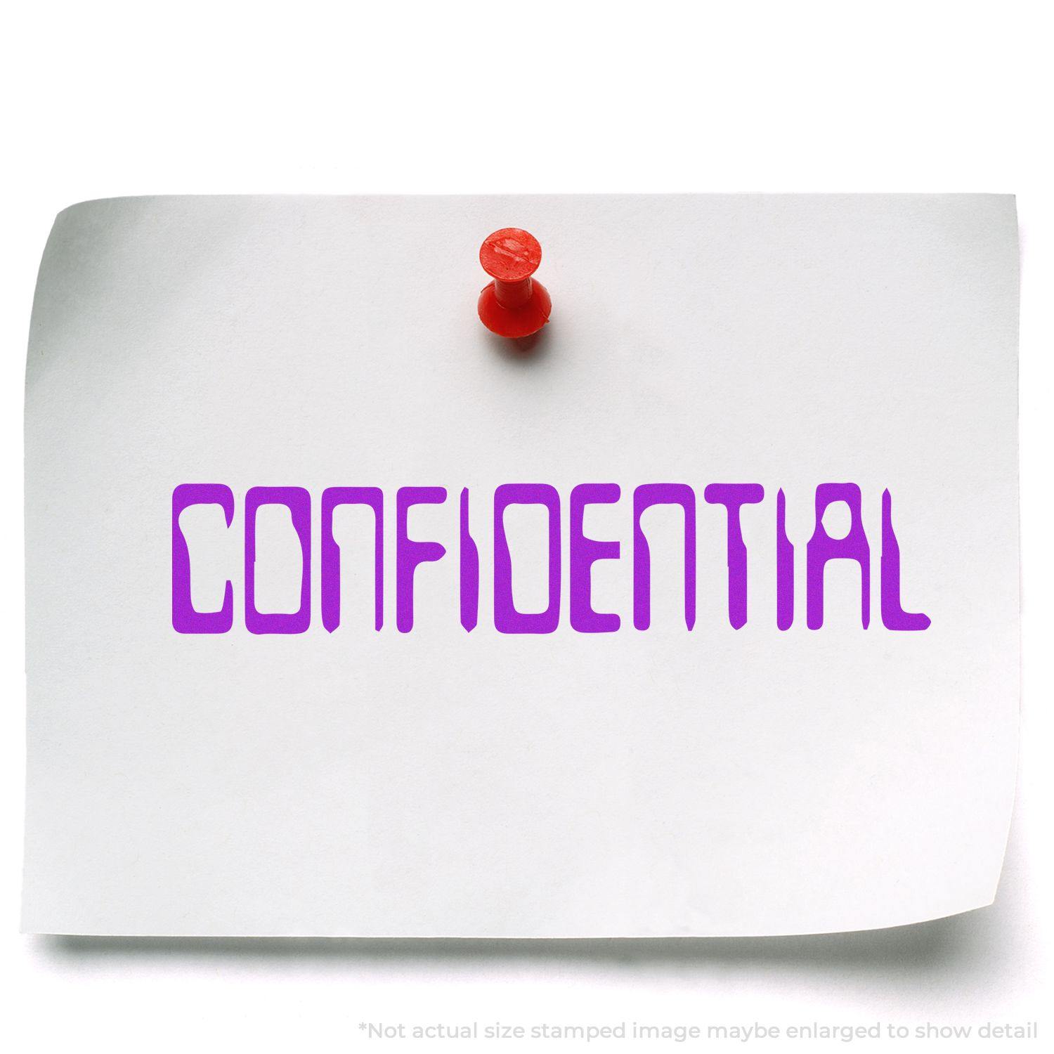 A white paper with CONFIDENTIAL stamped in purple using the Large Barcode Confidential Rubber Stamp, pinned with a red pushpin.