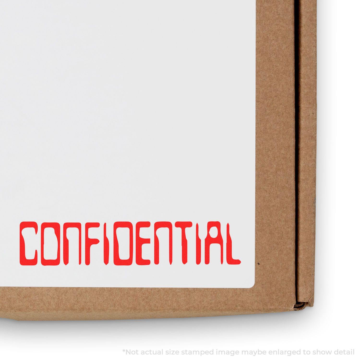 Barcode Confidential Rubber Stamp used on a white paper attached to a brown cardboard box, with 'CONFIDENTIAL' in red ink.