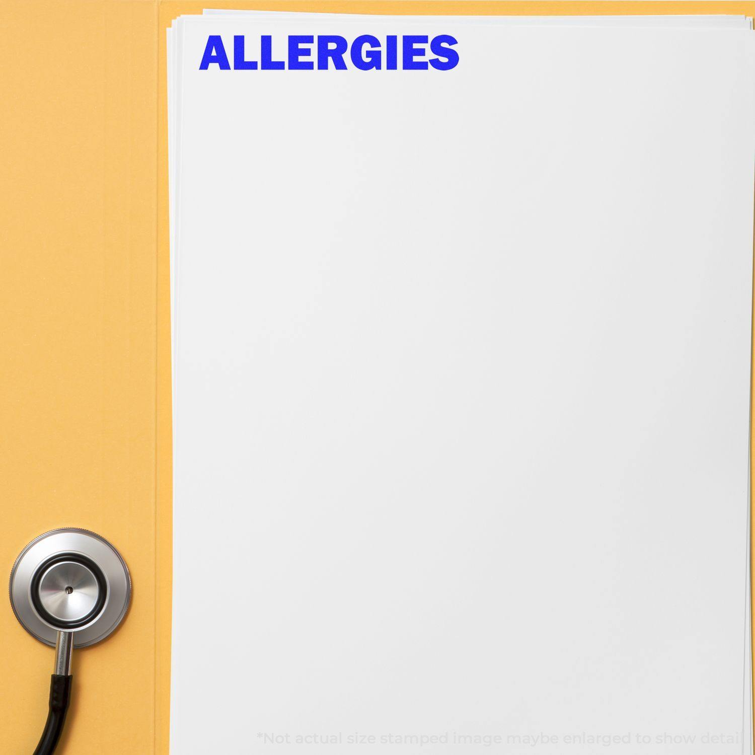 Large Bold Allergies Rubber Stamp used on a white sheet of paper with a stethoscope nearby.