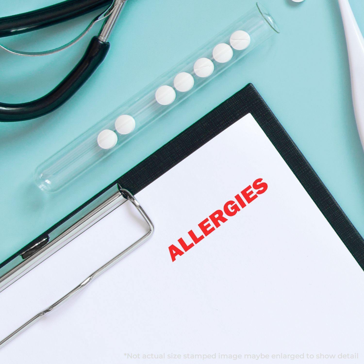 Clipboard with ALLERGIES stamped in bold red, stethoscope, and pills in a test tube on a light blue background.