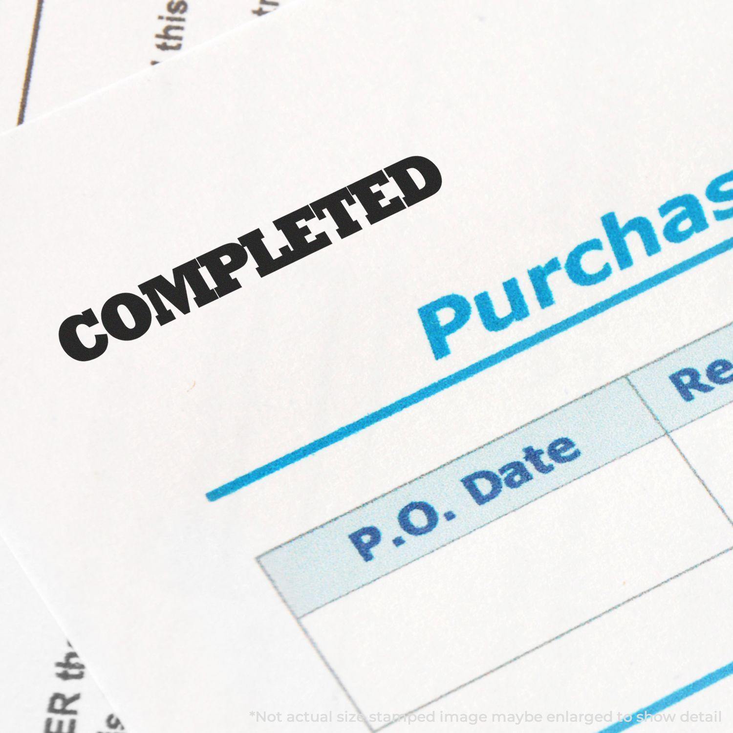 Large Bold Completed Rubber Stamp marking a document with the word COMPLETED in black ink, highlighting the status of the purchase order.