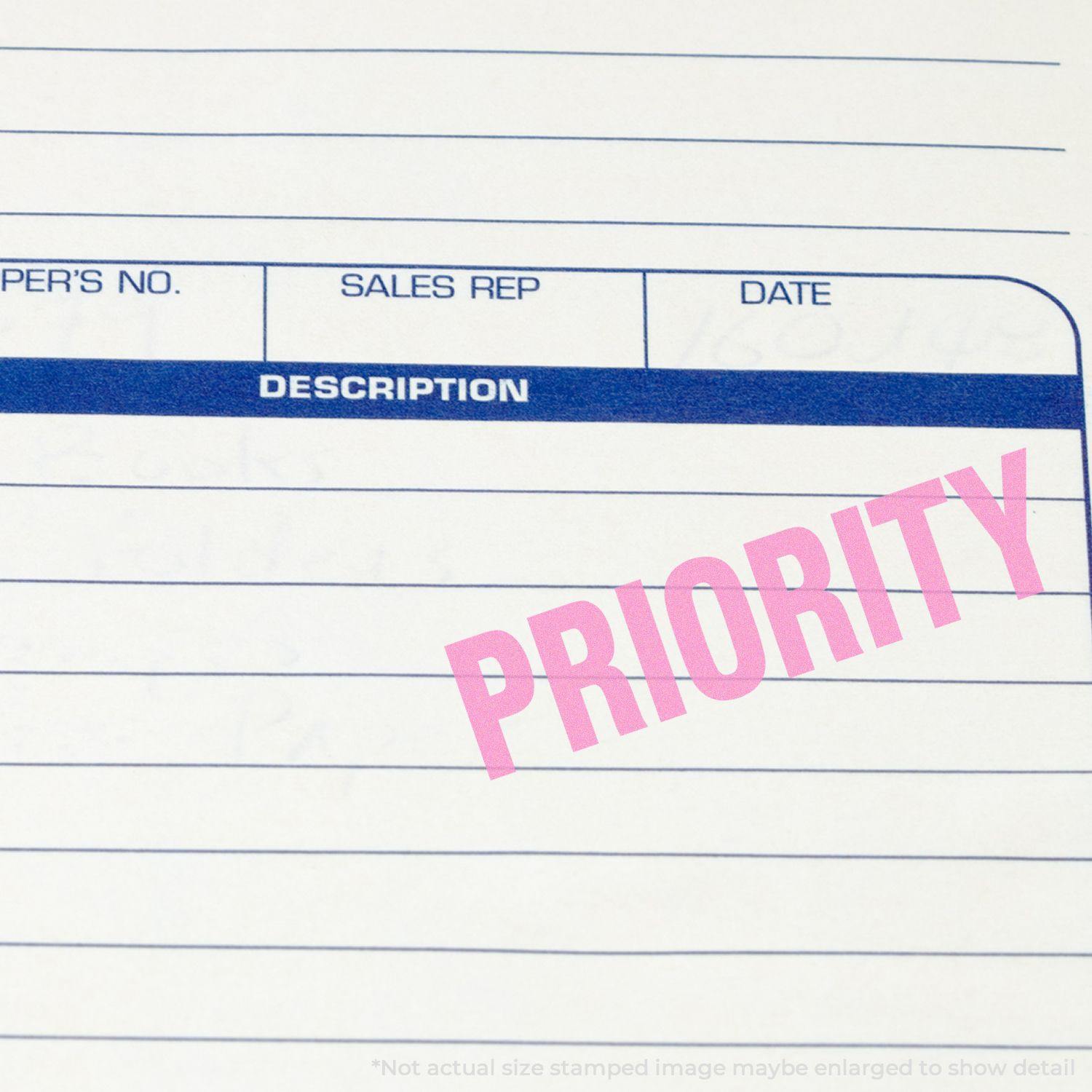 Large Bold Priority Rubber Stamp in pink ink on a lined document, highlighting the word PRIORITY prominently.