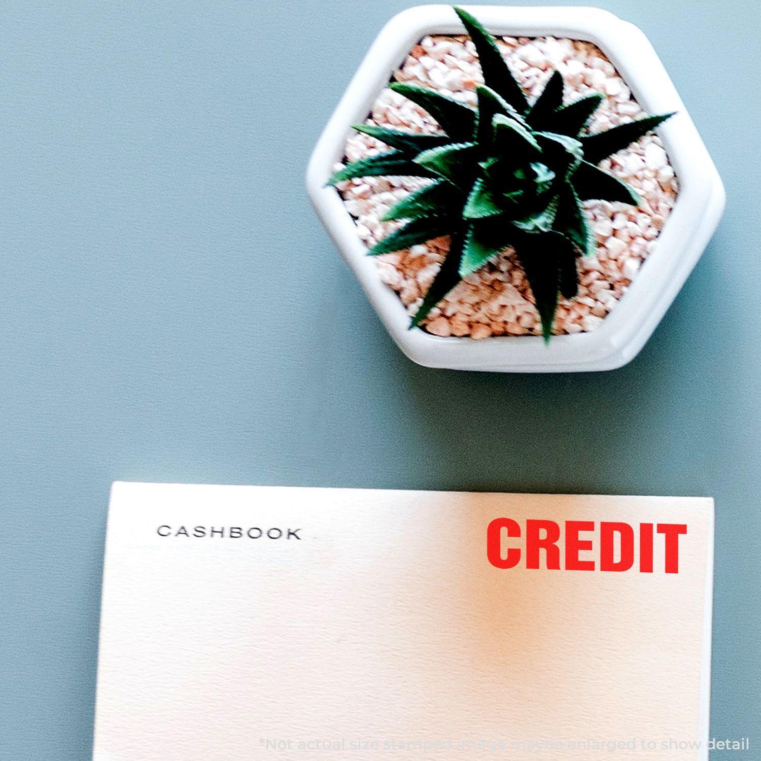 Self Inking Bold Red Credit Stamp marking CREDIT on a cashbook page, next to a small potted succulent plant on a light blue surface.