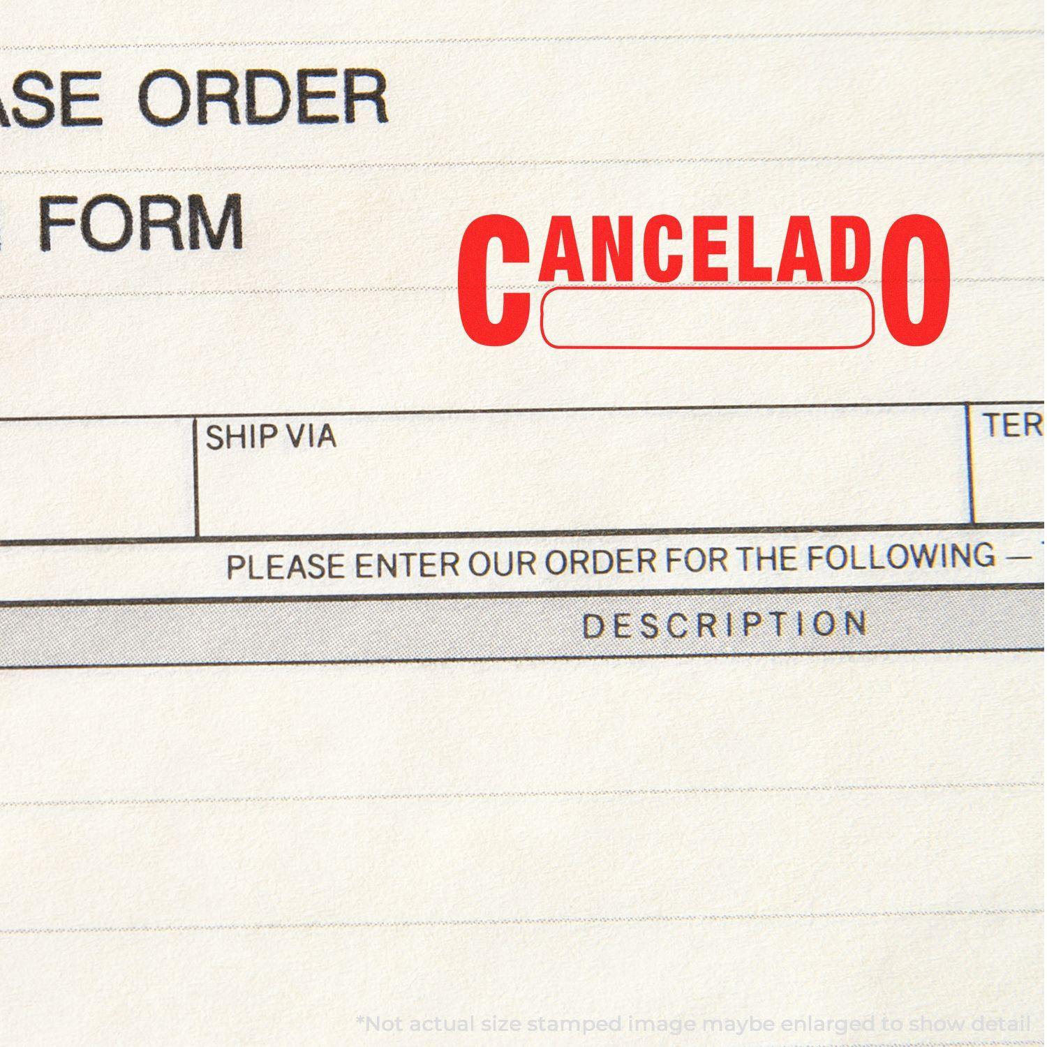 Purchase order form stamped with 'Cancelado with Box Rubber Stamp' in red, indicating the order is canceled.