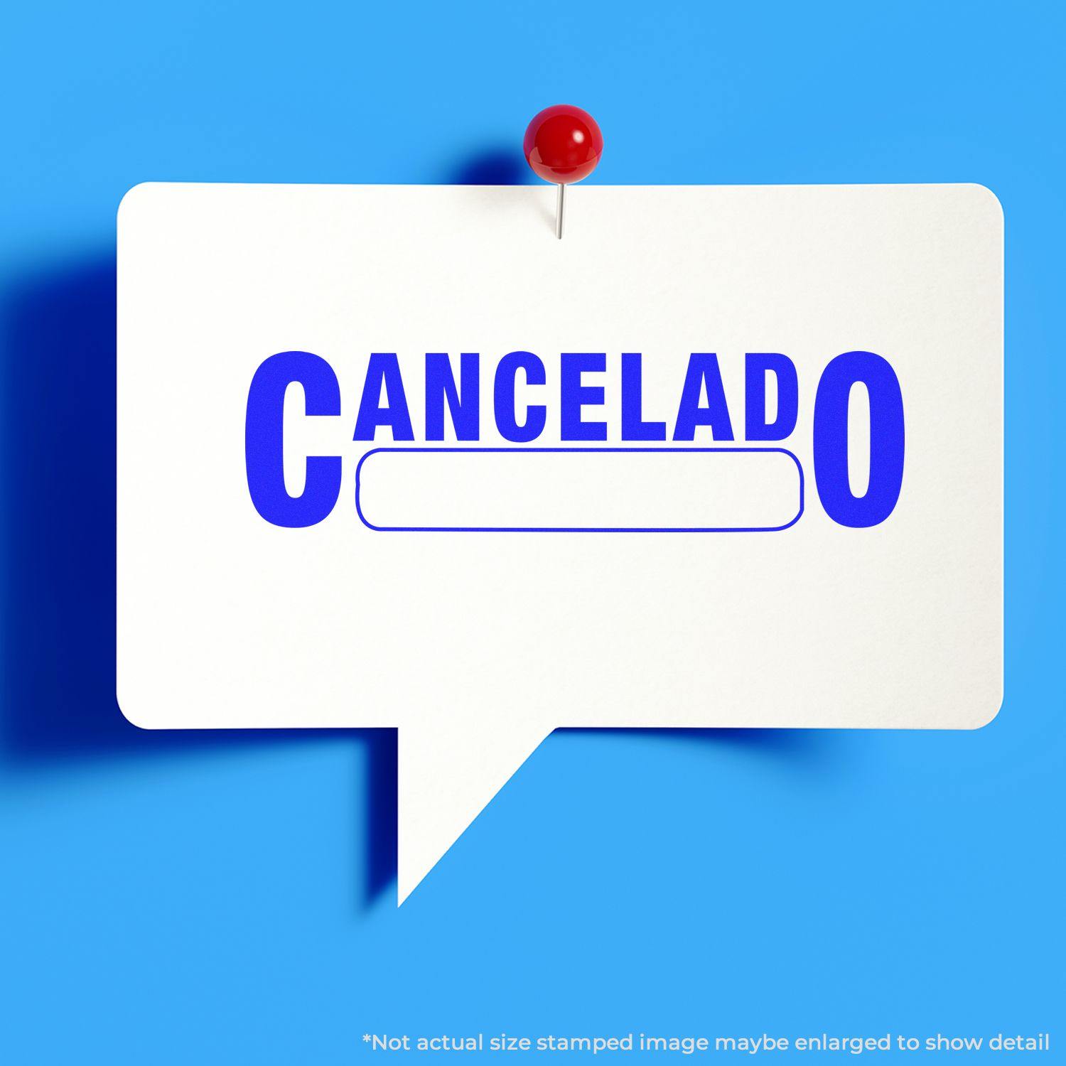 A white speech bubble with a red pin displays the Cancelado with Box Rubber Stamp text in blue on a bright blue background.