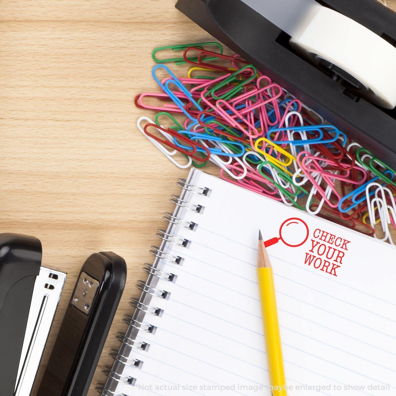 A desk with a stapler, tape dispenser, colorful paperclips, and a notebook stamped with Check Your Work Rubber Stamp in red ink.