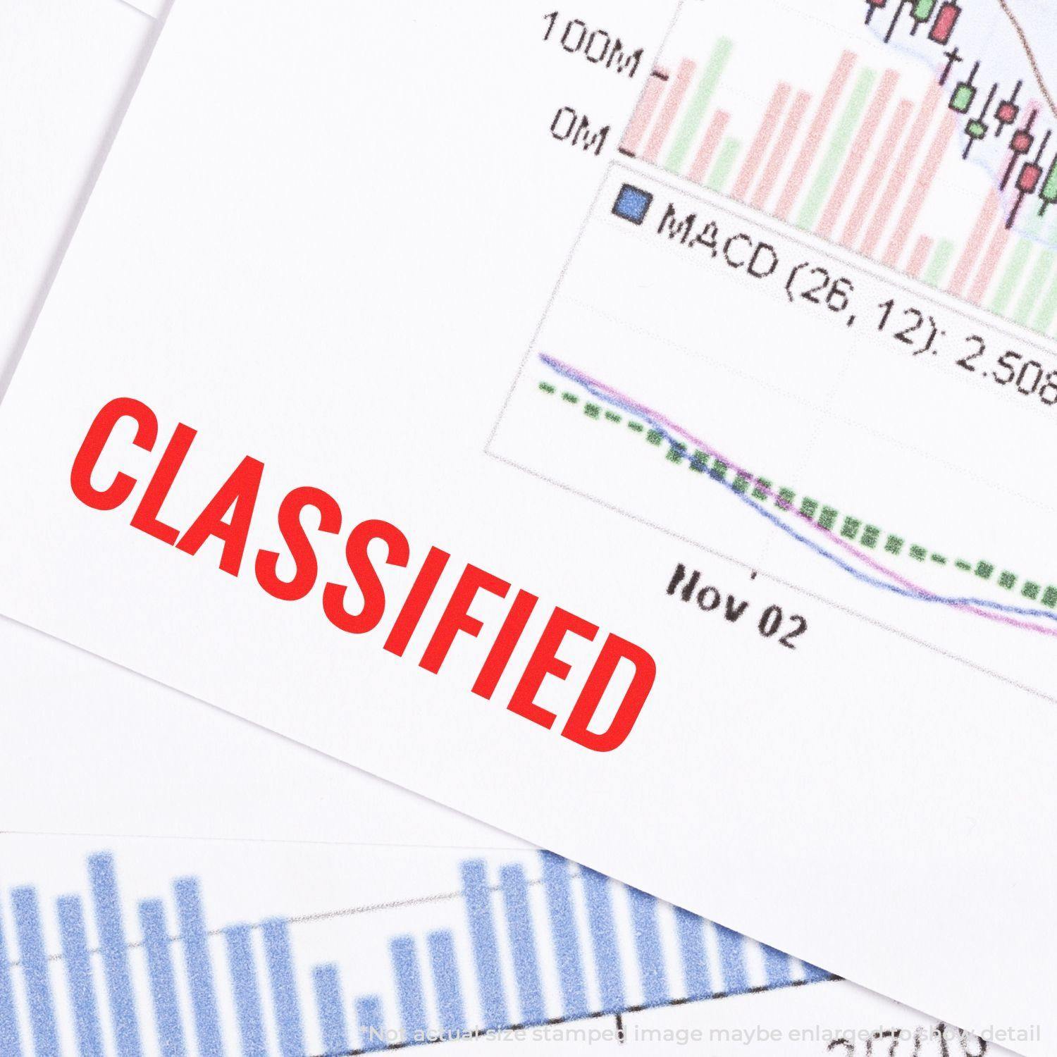 Large Pre-Inked Classified Stamp marking a document with CLASSIFIED in red ink, placed over financial charts and graphs.