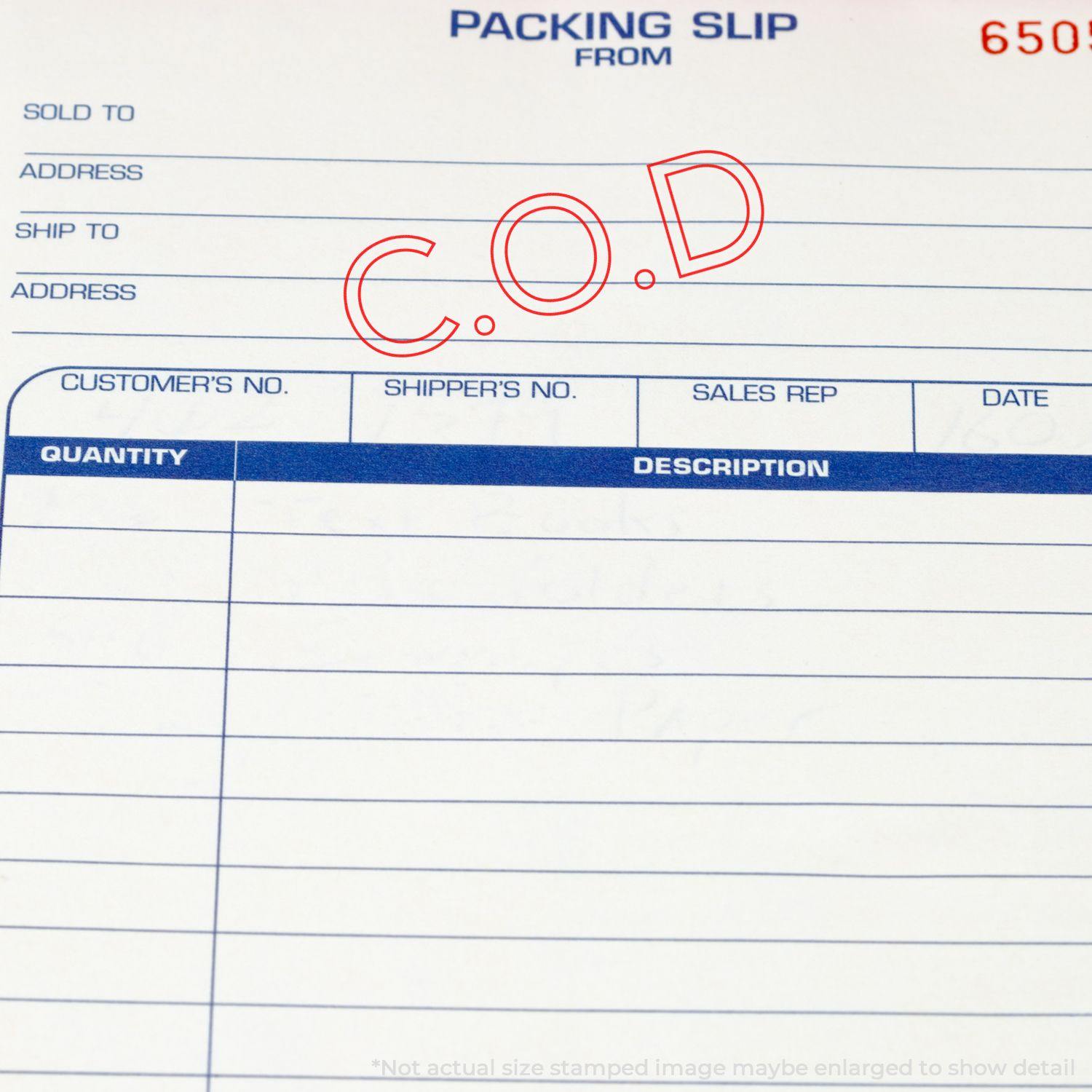 Packing slip stamped with C.O.D using the Large Pre-Inked COD Outline Stamp, highlighting the cash on delivery status.