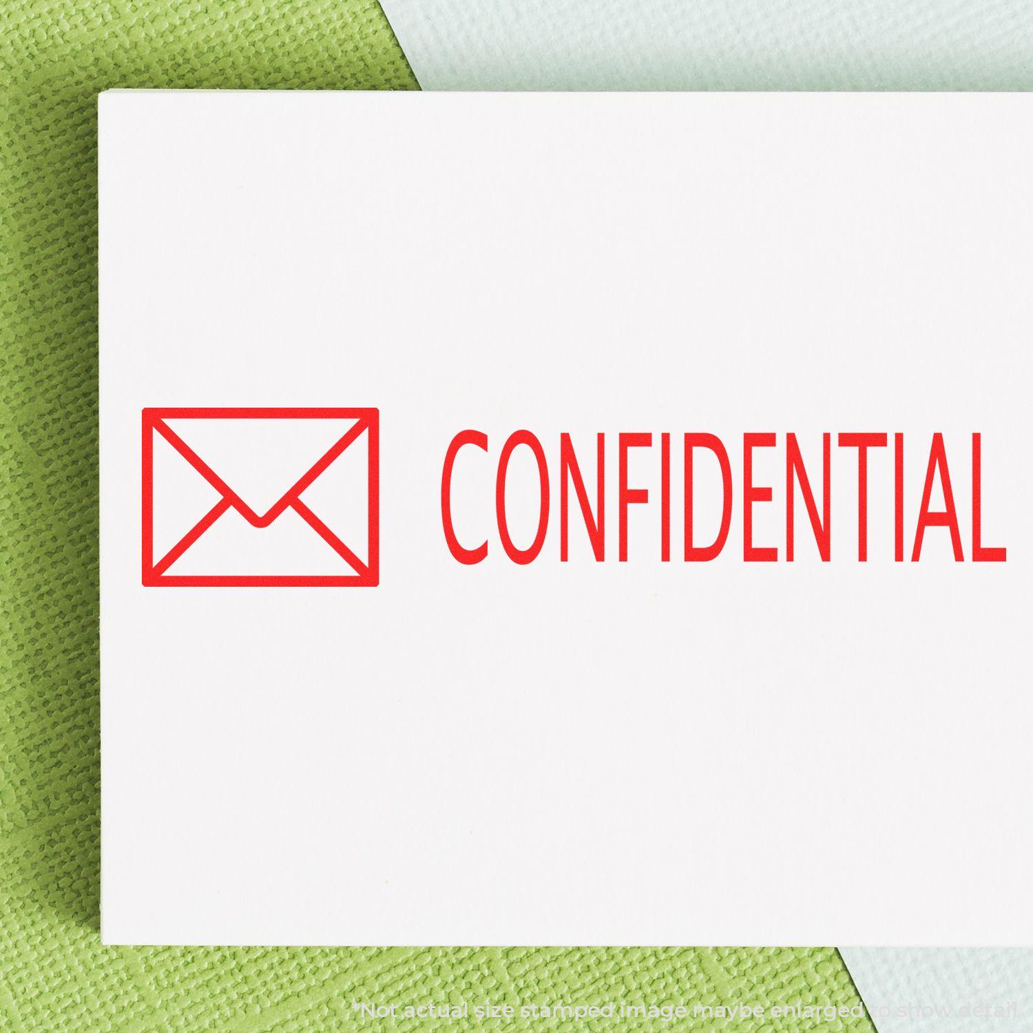 Confidential with Envelope Rubber Stamp in red ink on white paper, placed on a green textured surface.