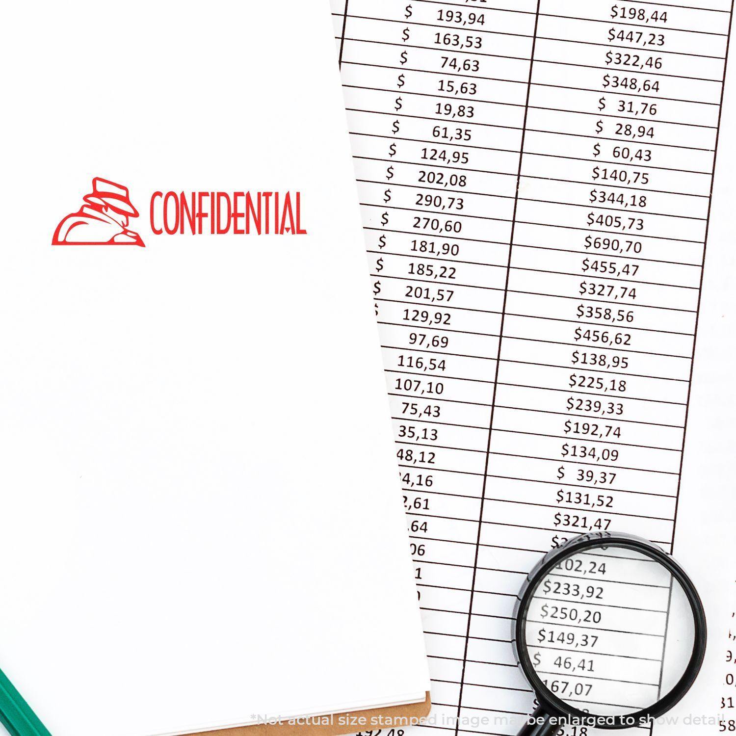 Large Pre-Inked Confidential with Logo Stamp used on a document beside a financial spreadsheet and magnifying glass.