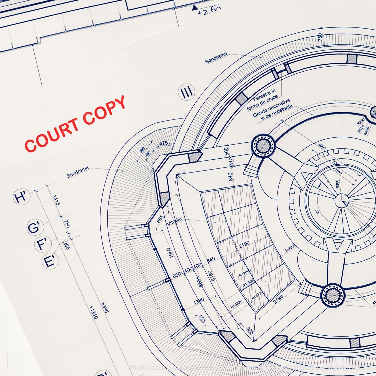 Blueprint stamped with COURT COPY using the Self Inking Court Copy Stamp, highlighting the stamp's clear and bold red imprint on the document.