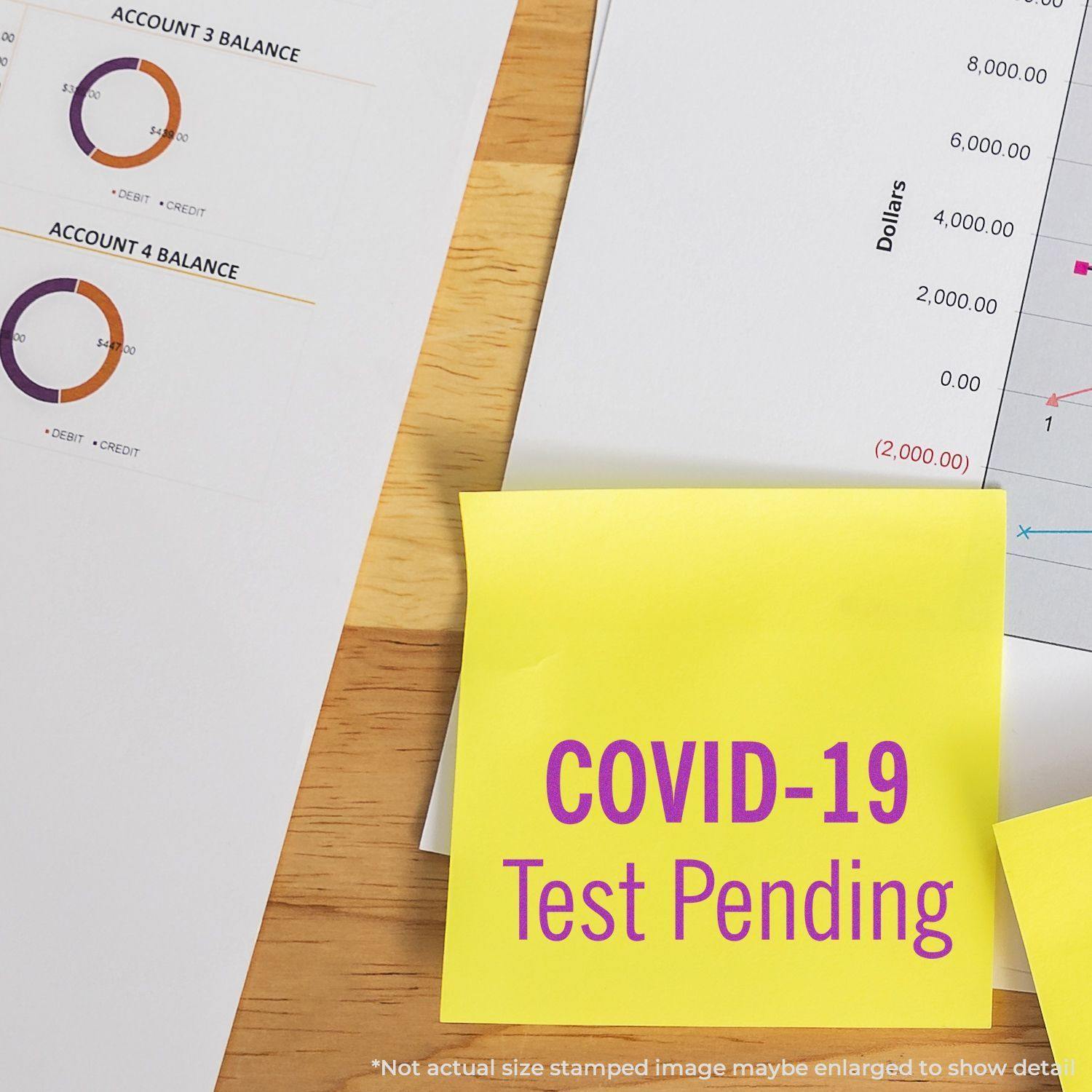 Yellow sticky note with COVID-19 Test Pending rubber stamp on a desk with financial charts and graphs in the background.