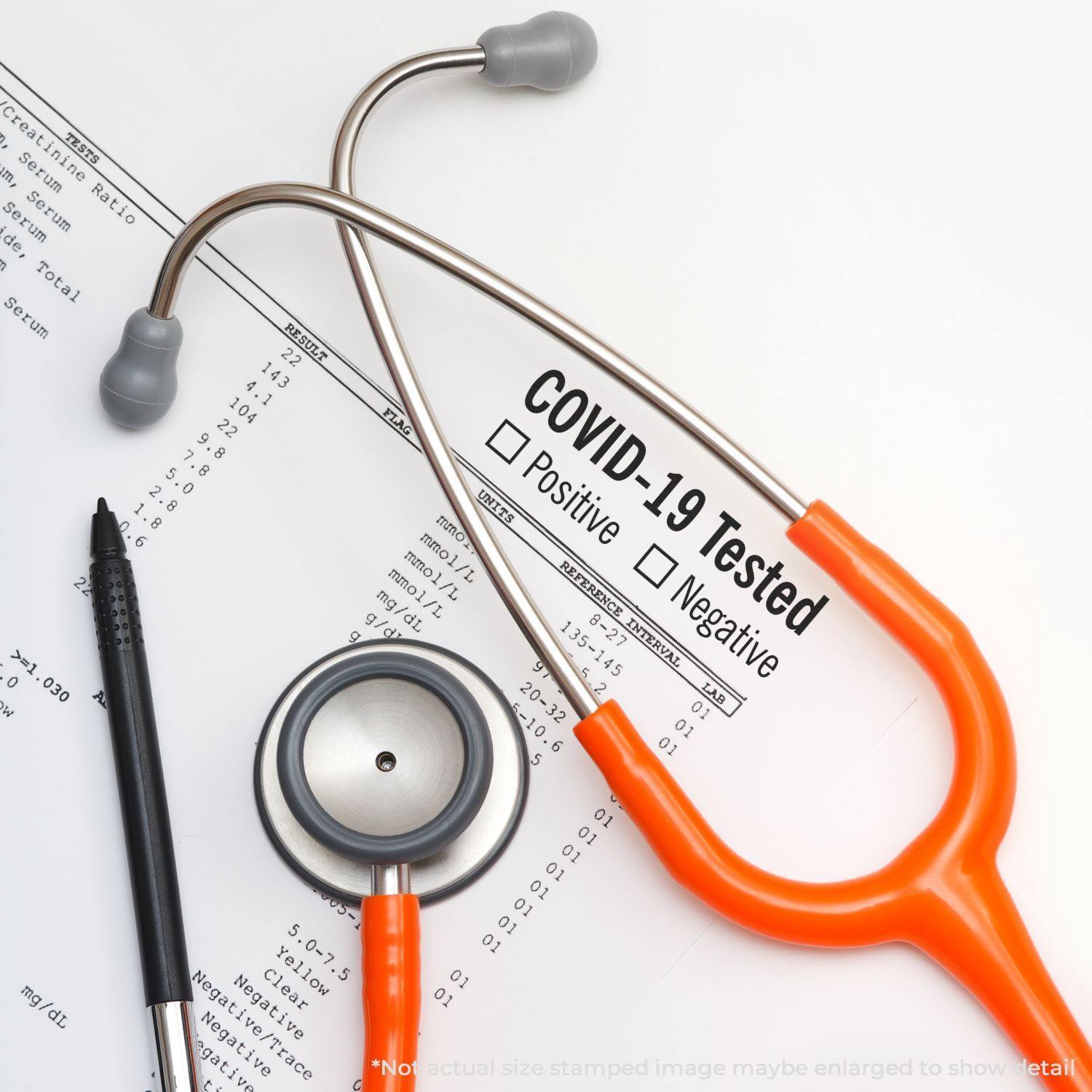 A stethoscope and pen lie on a medical document with a rubber stamp that reads COVID-19 Tested with options for Positive or Negative.