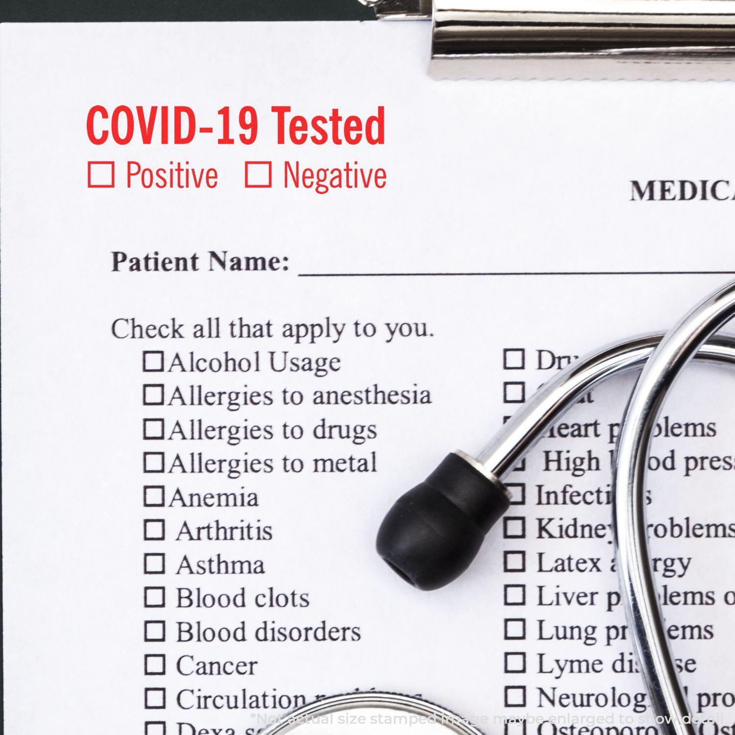 Medical form with a stethoscope and a red COVID-19 Tested rubber stamp indicating positive or negative test results.