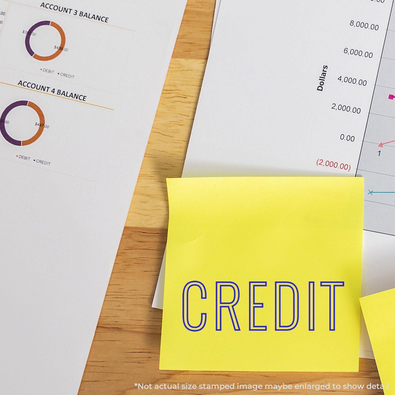 Credit Outline Rubber Stamp used on a yellow sticky note, placed on a desk with financial documents and charts in the background.