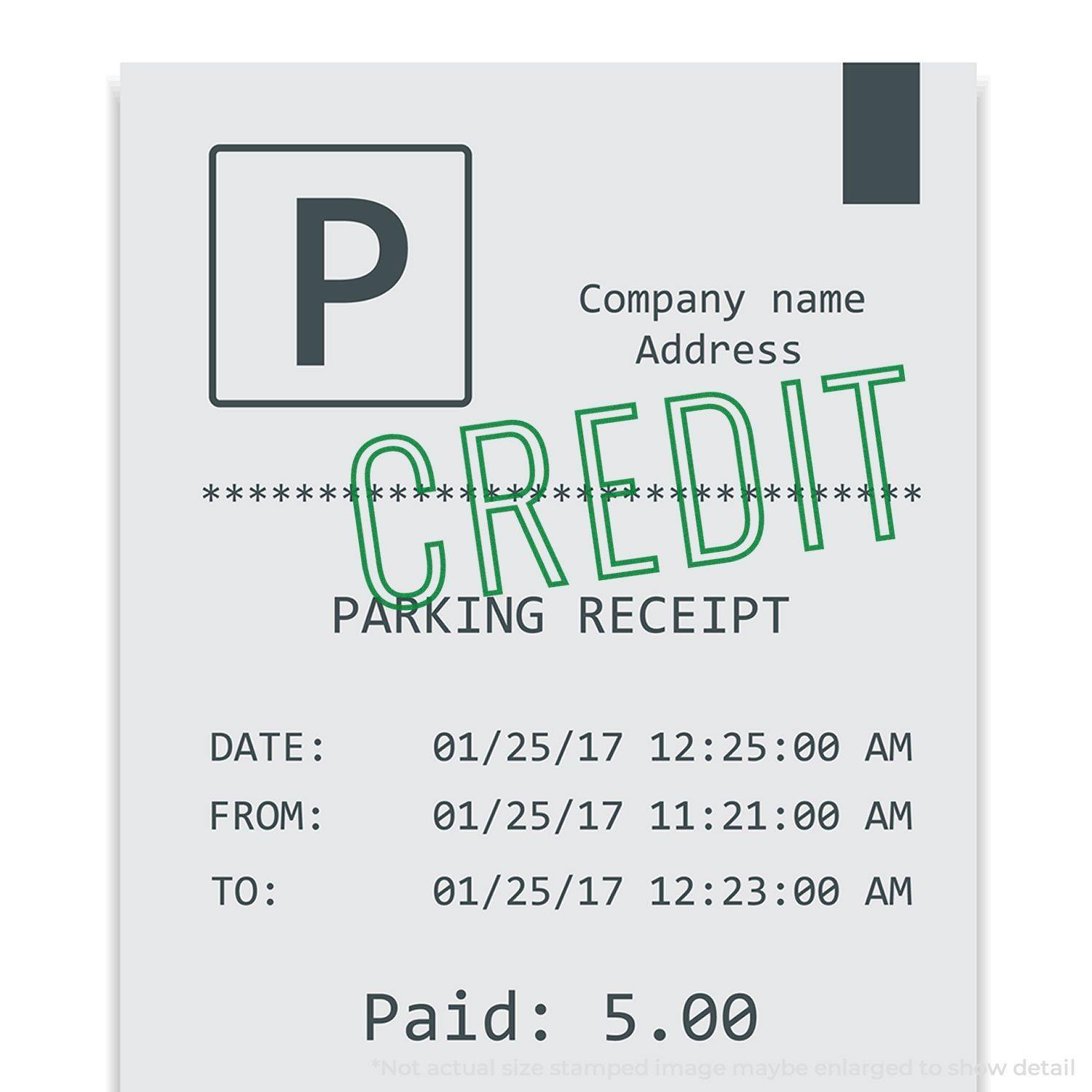 Parking receipt stamped with CREDIT using the Credit Outline Rubber Stamp, showing date, time, and payment details.