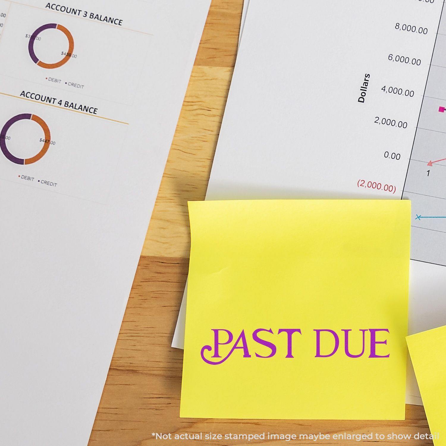 Curley Past Due Rubber Stamp used on a yellow sticky note, placed on financial documents with charts and account balances in the background.