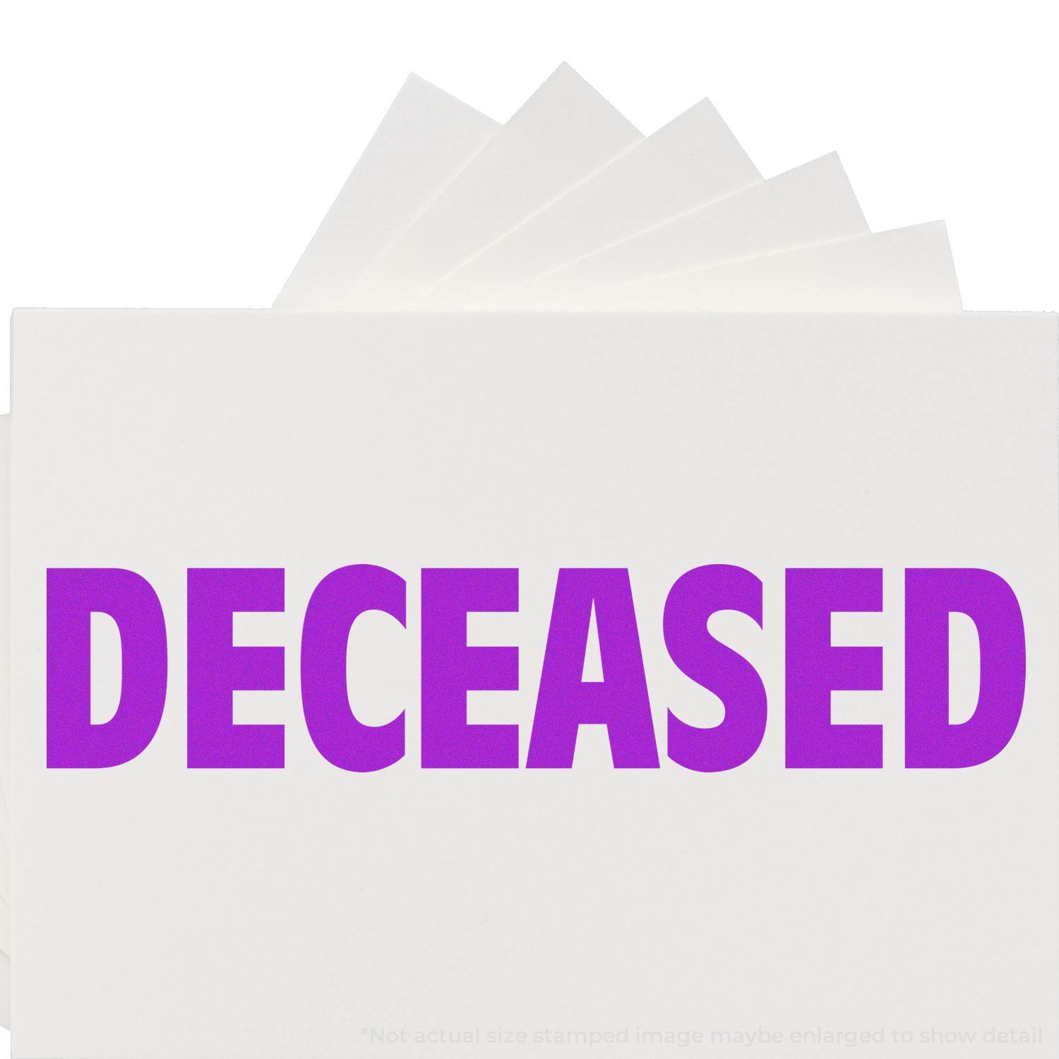 Deceased Rubber Stamp in use, showing the word 'DECEASED' in bold purple letters on a white background.