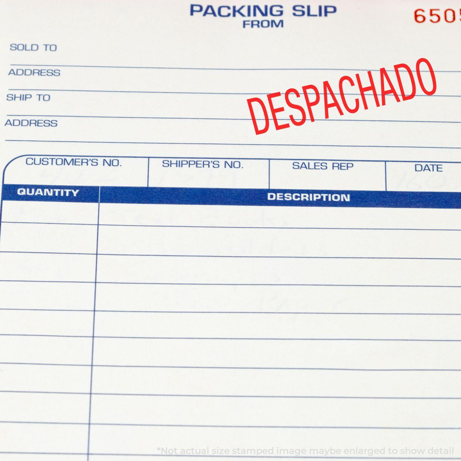 Packing slip stamped with DESPACHADO in red using the Large Despachado Rubber Stamp, indicating the item has been dispatched.