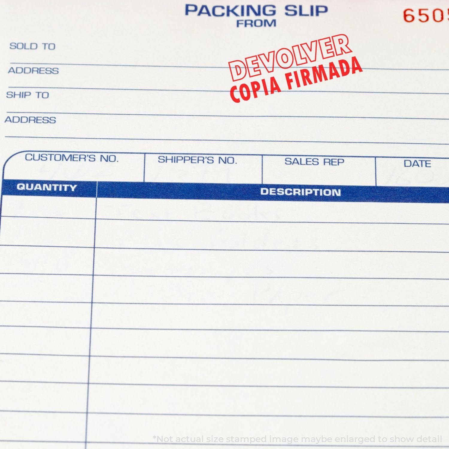 Packing slip stamped with Self Inking Devolver Copia Stamp in red ink, showing DEVOLVER COPIA FIRMADA text prominently at the top.