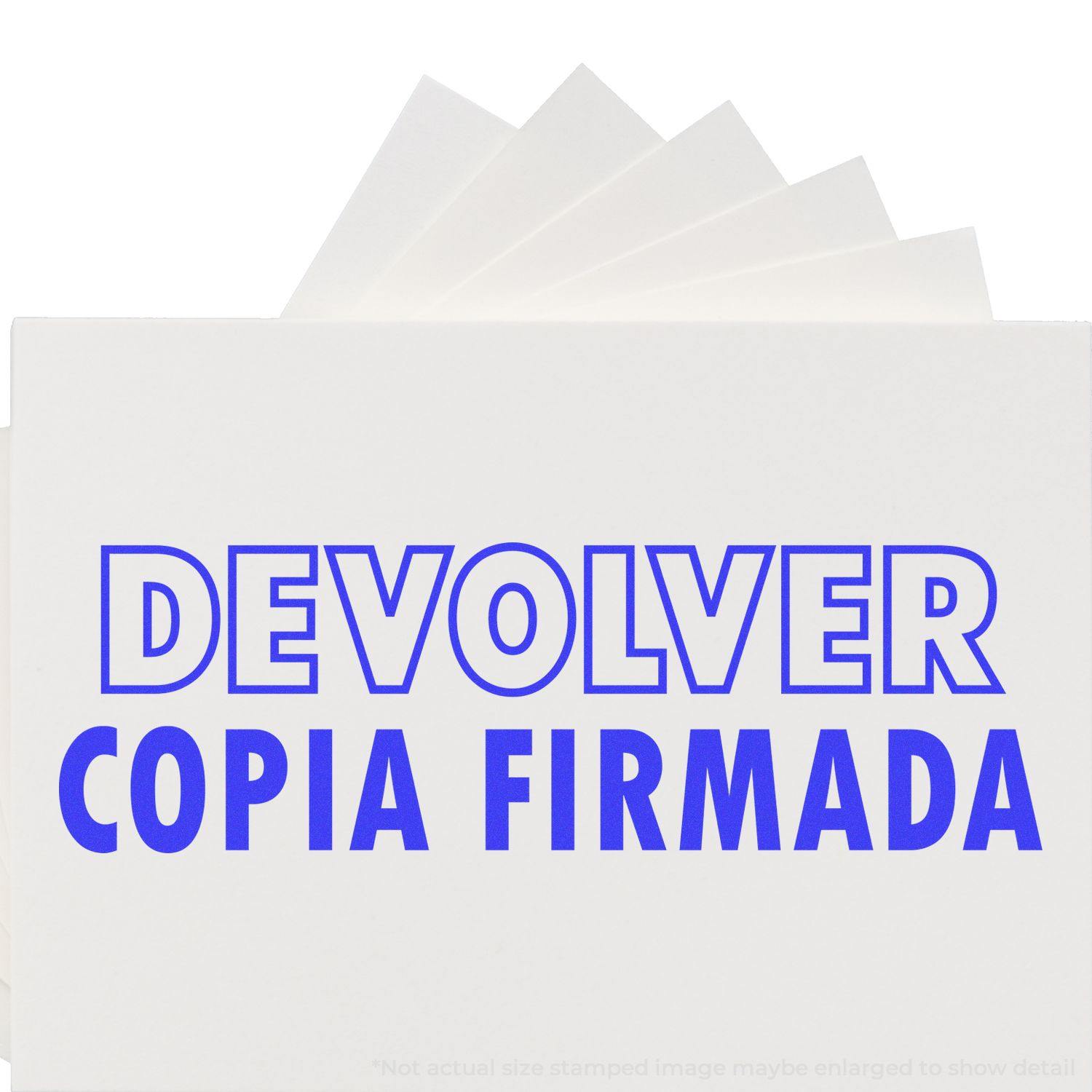 Large Devolver Copia Rubber Stamp in blue ink on white paper, displaying the text DEVOLVER COPIA FIRMADA in bold letters.