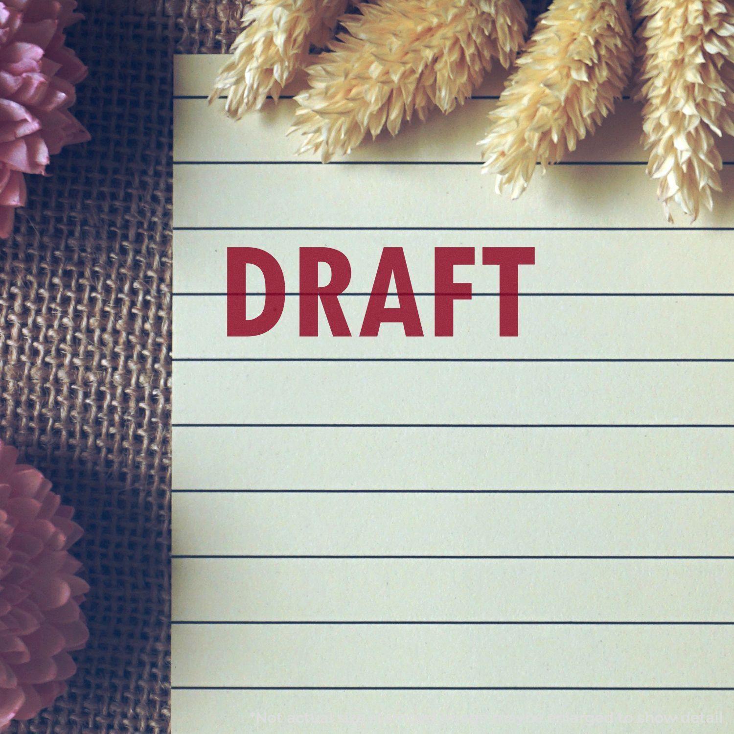 Large Draft Rubber Stamp imprint in red on a lined notepad, surrounded by decorative flowers and wheat on a burlap surface.