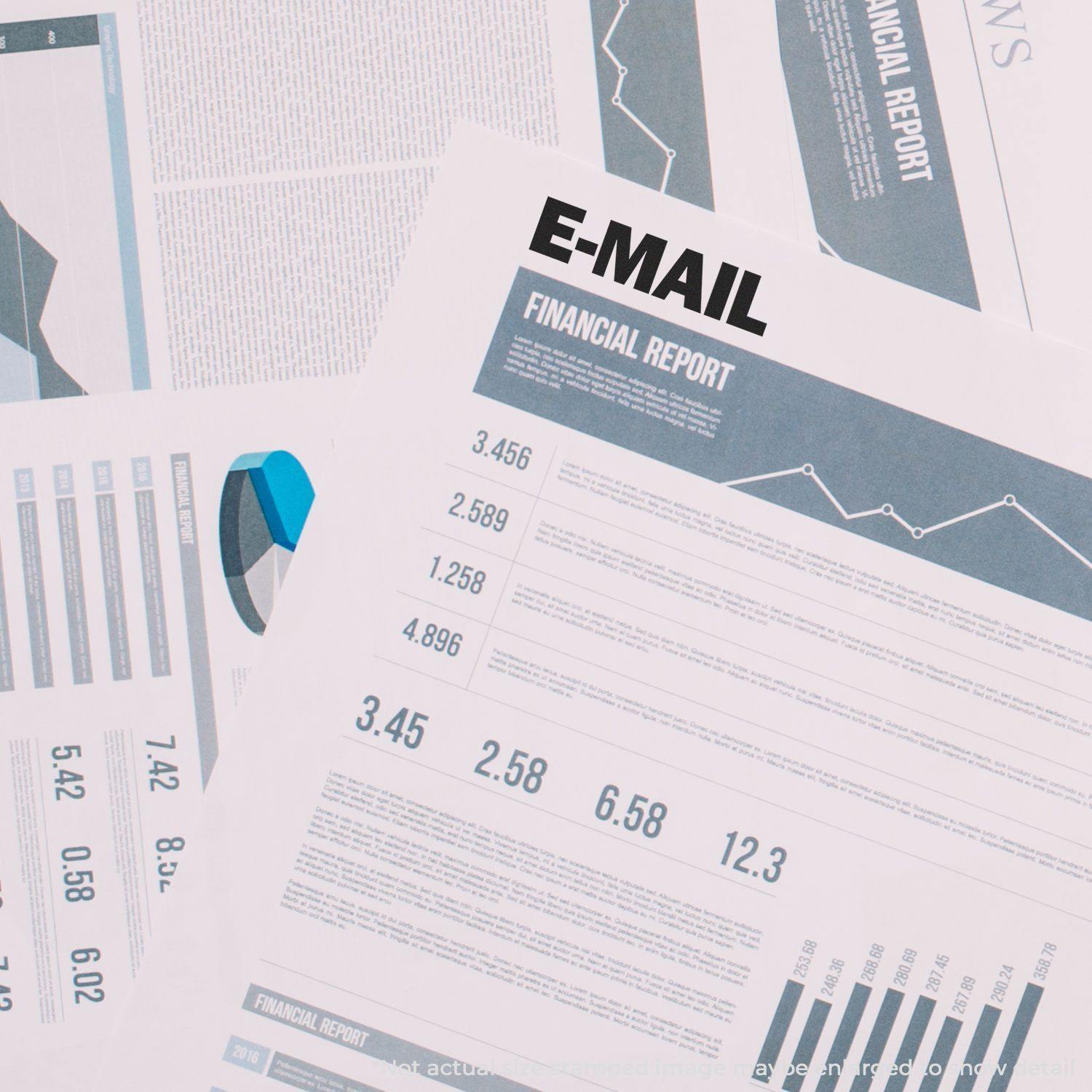 E-Mail Rubber Stamp used on financial report documents with charts and graphs in the background.