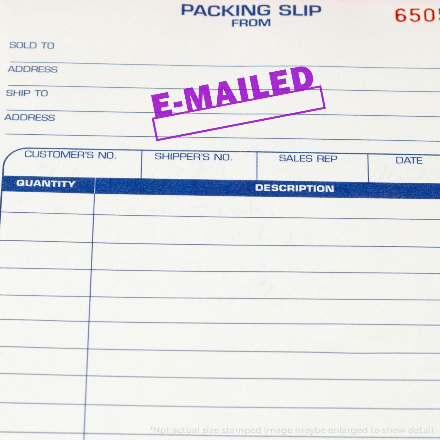 Packing slip stamped with E-MAILED using the Large Self Inking E-mailed with Date Box Stamp in purple ink.