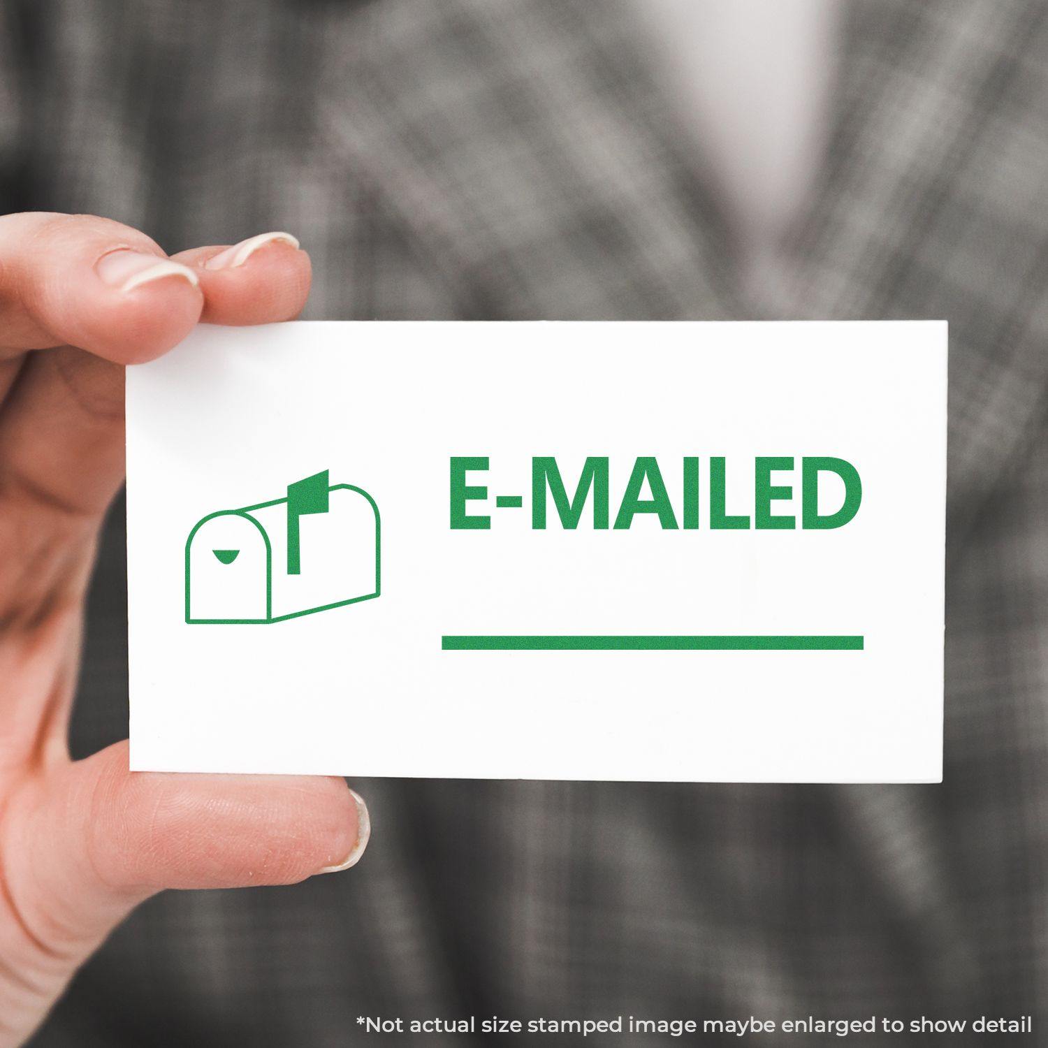 Person holding a card stamped with E-MAILED and a mailbox icon using the Large Pre-Inked E-Mailed with Mailbox Stamp.