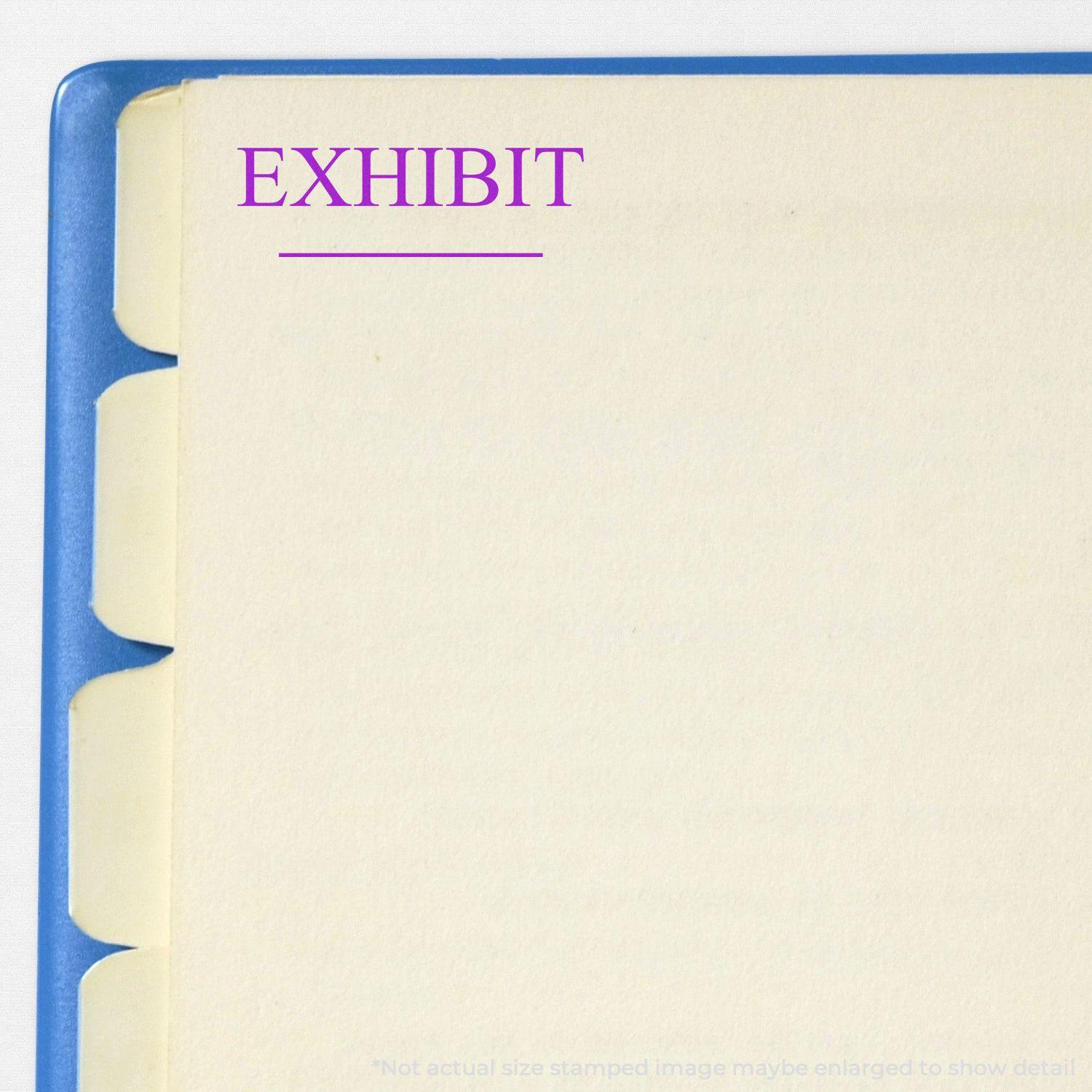 Exhibit rubber stamp in purple ink on a beige document with tabbed dividers in a blue folder.