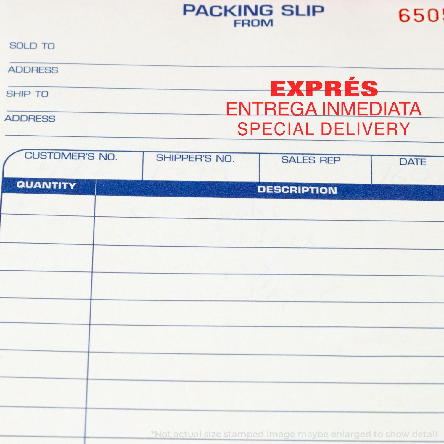 Packing slip stamped with Large Pre-Inked Expres Entrega Inmediata Stamp in red ink, showing special delivery details.