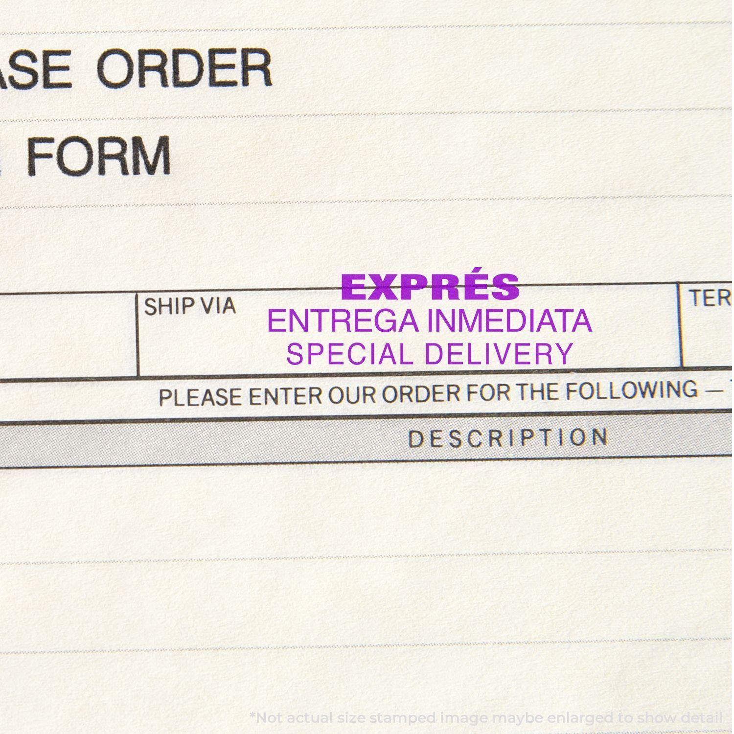 Slim Pre-Inked Expres Entrega Inmedia Stamp used on a form, highlighting EXPRES ENTREGA INMEDIATA SPECIAL DELIVERY in purple ink.