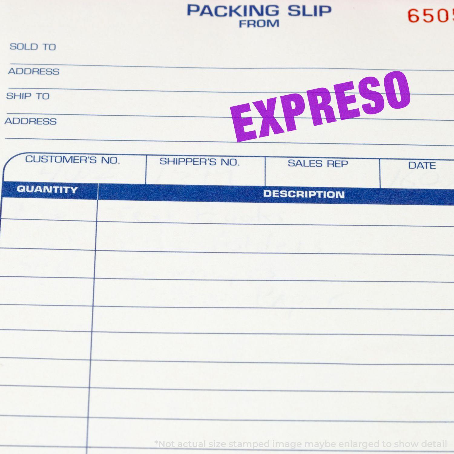 Packing slip stamped with EXPRESO using Expreso Rubber Stamp, showing fields for customer number, shipper's number, sales rep, and date.