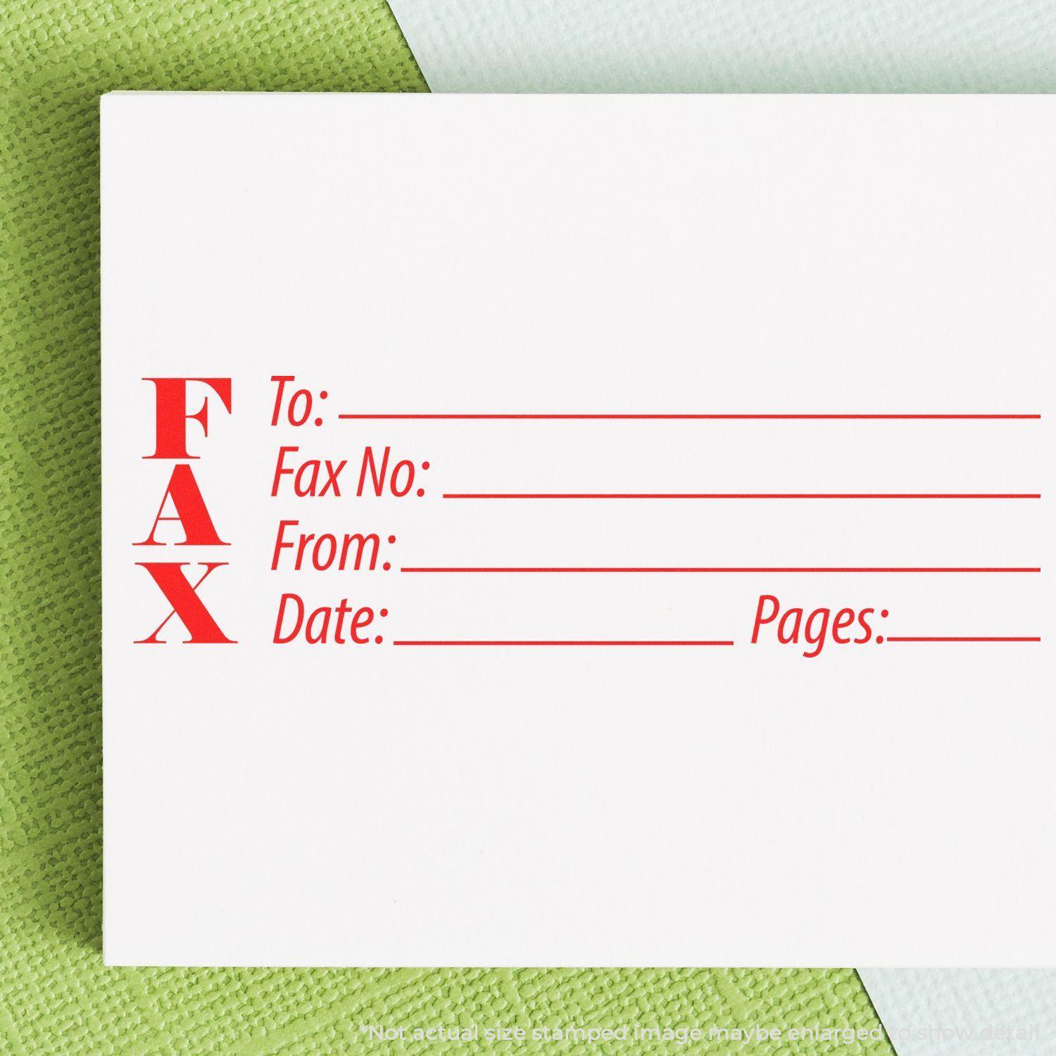 Large Self Inking Fax Stamp imprint on white paper with fields for To, Fax No., From, Date, and Pages in red text.