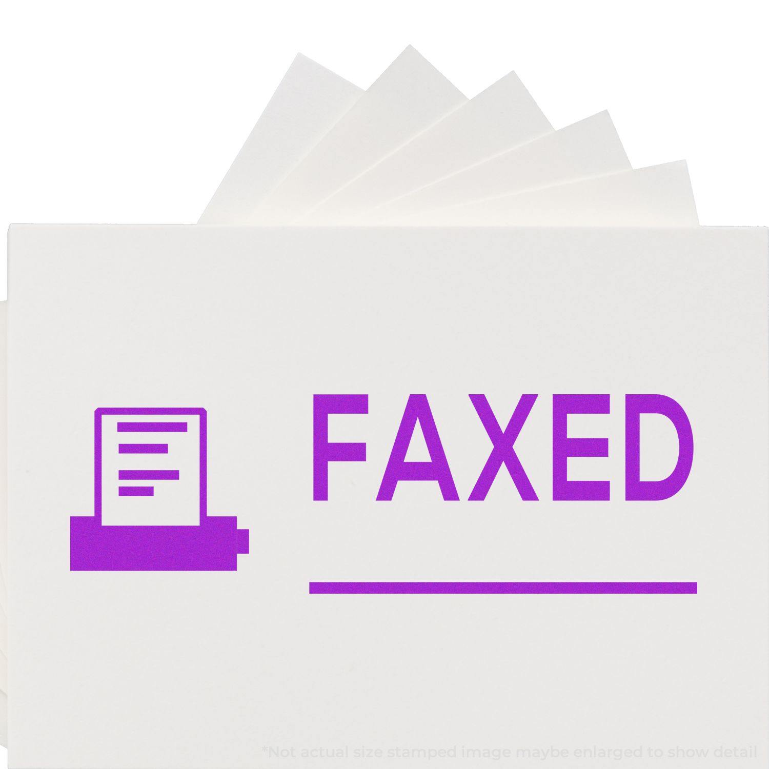 Stamped document with the text 'FAXED' in purple using the Faxed with Machine Rubber Stamp, with papers fanned out behind it.