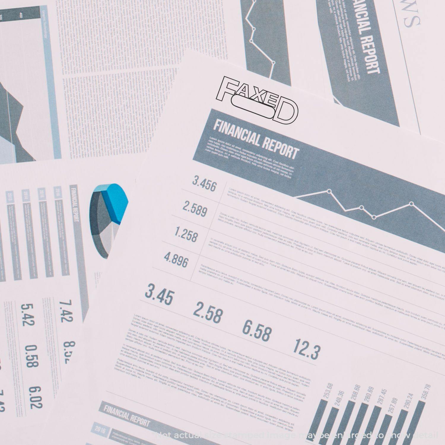 Financial reports stamped with Faxed with Round Date Box Rubber Stamp on a desk, showing various charts and graphs.