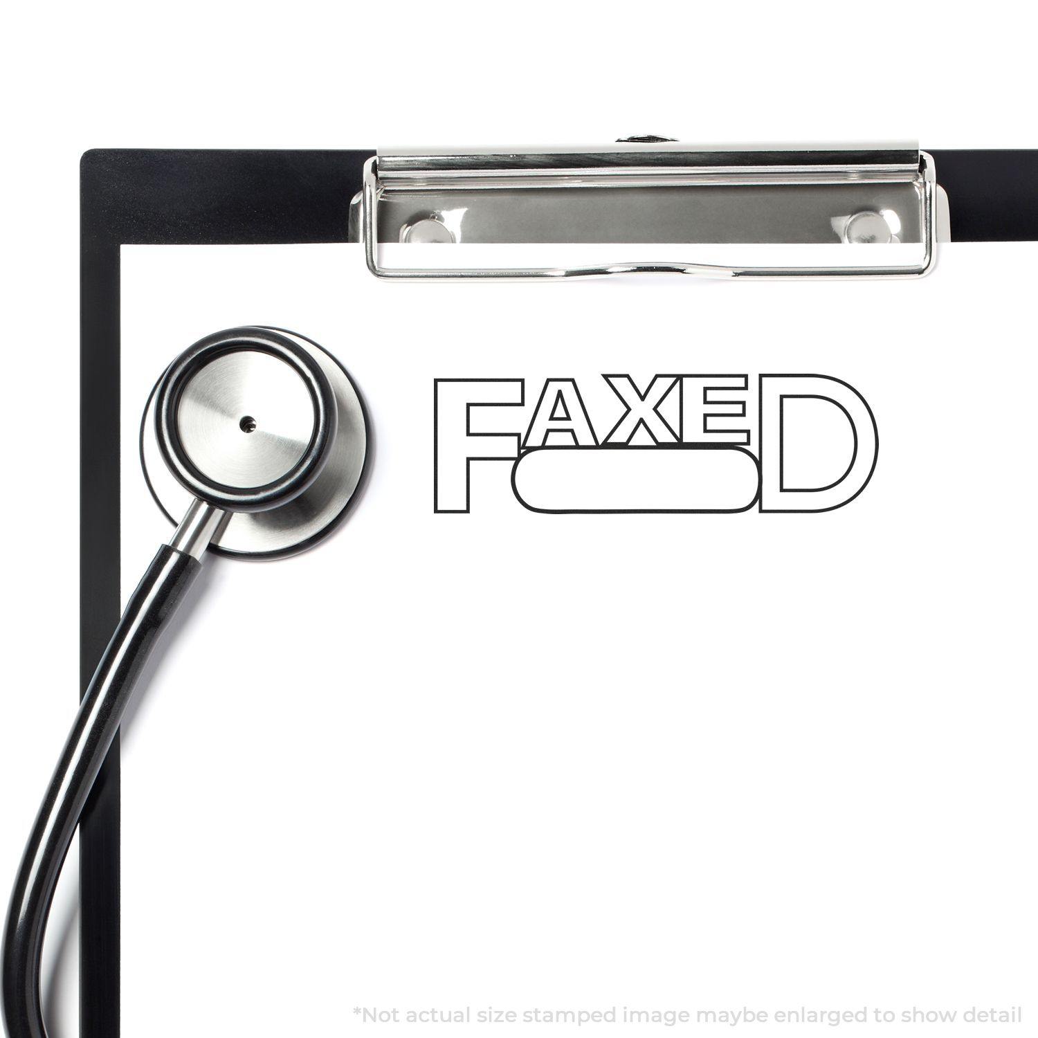 Slim Pre-Inked Faxed with Round Date Box Stamp on a clipboard with a stethoscope, indicating a document has been faxed.