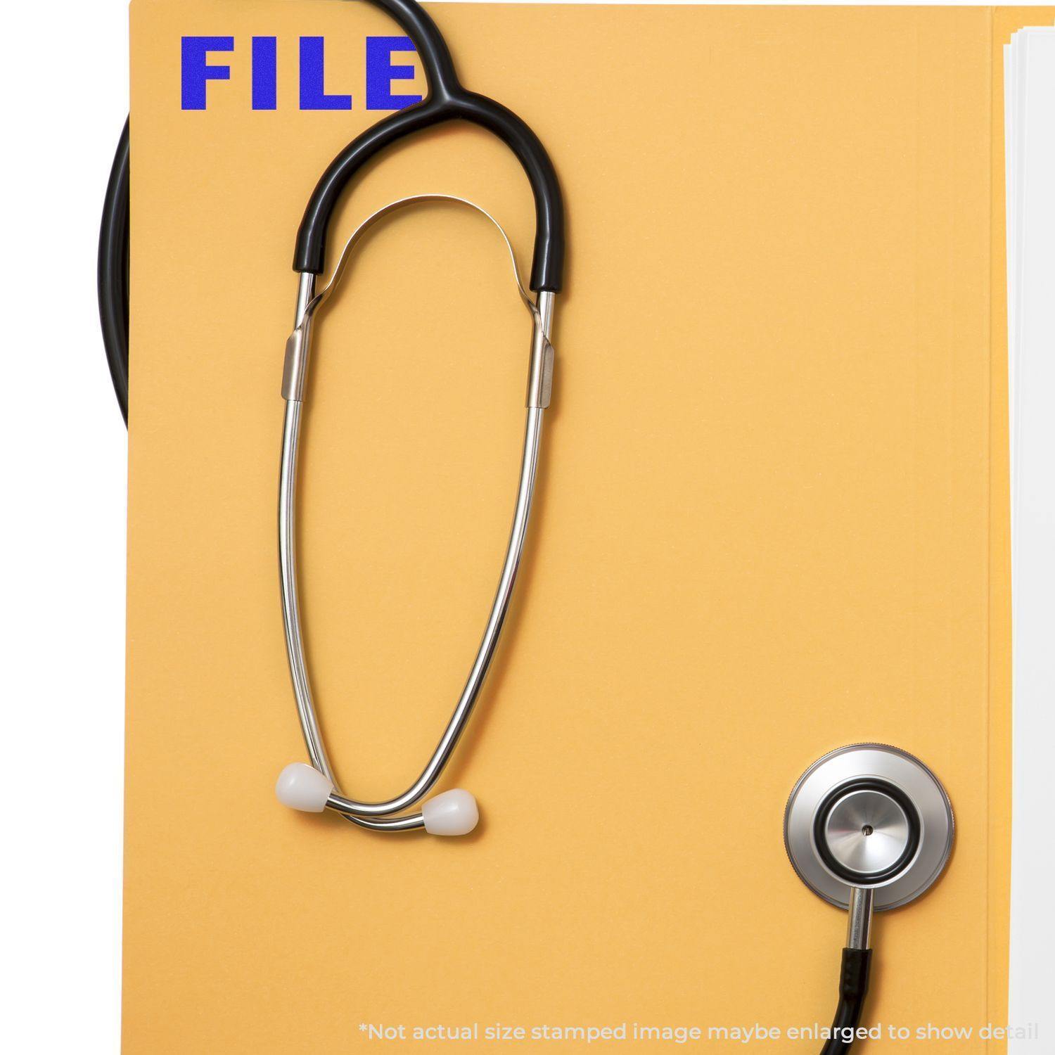 Yellow folder with a stethoscope and a blue FILE Rubber Stamp mark on the top left corner.