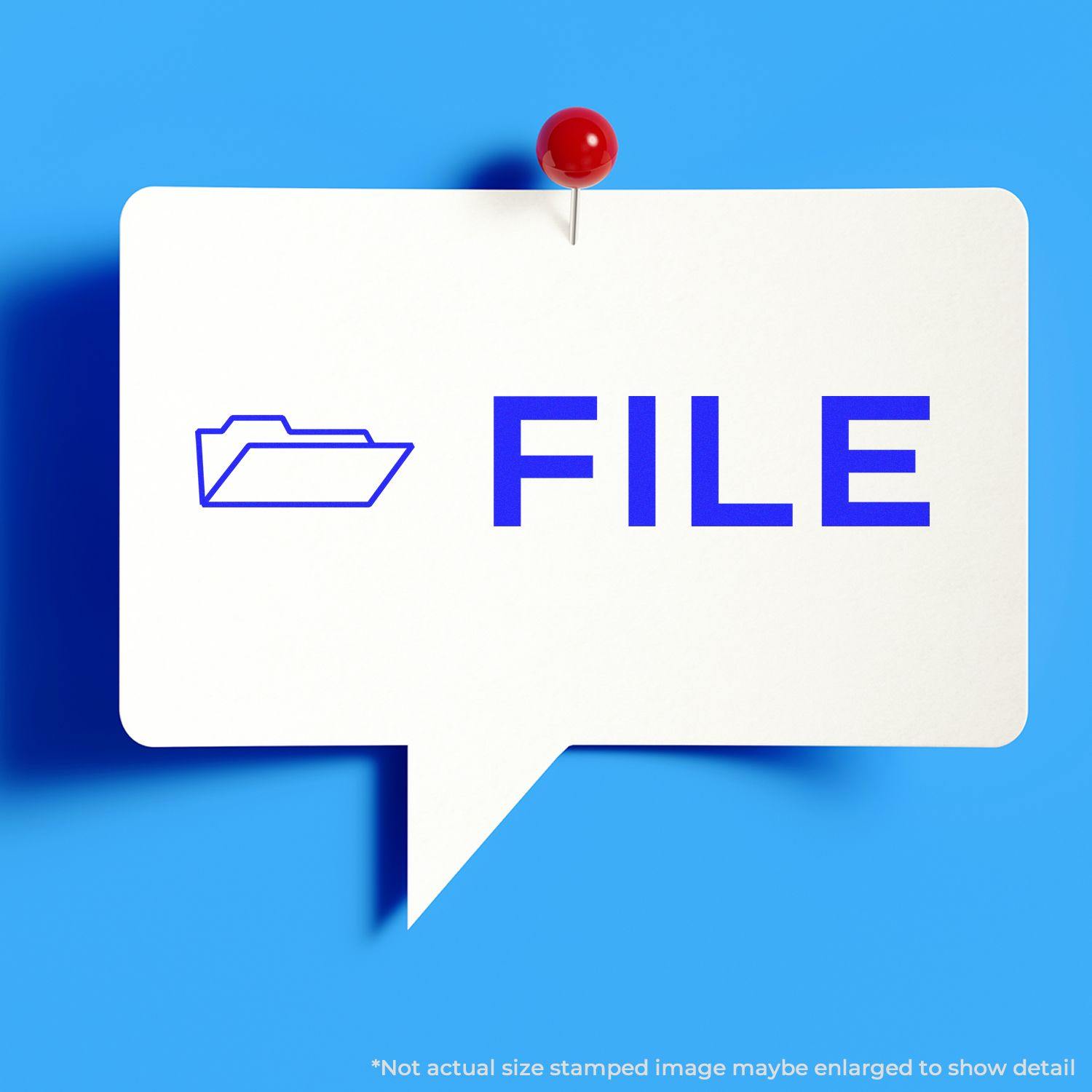 File with Folder Rubber Stamp impression on white speech bubble paper pinned to a blue background, showing a folder icon and the word 'FILE'.