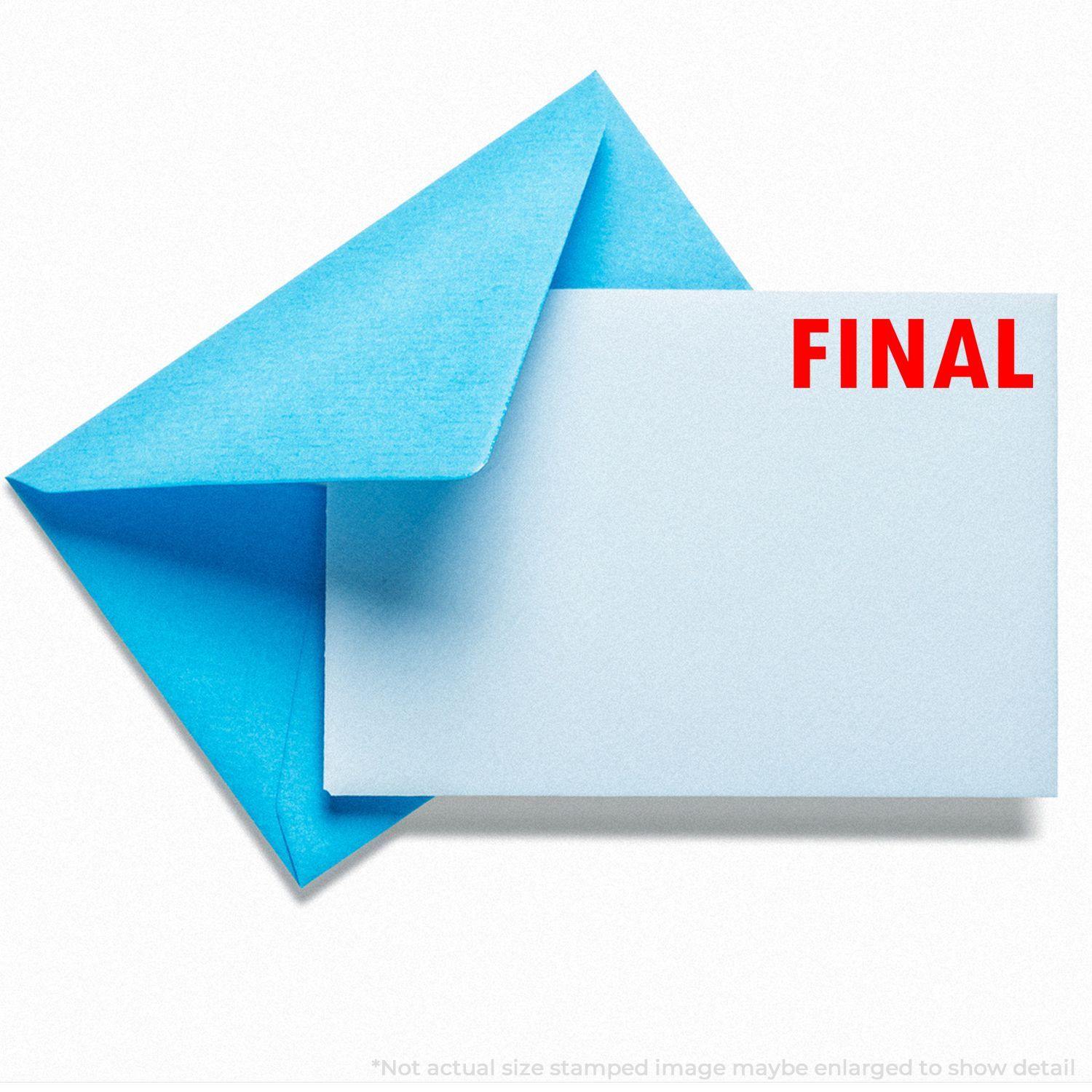 Large Pre-Inked Final Stamp marking FINAL in red on a white card, partially inserted into a blue envelope.