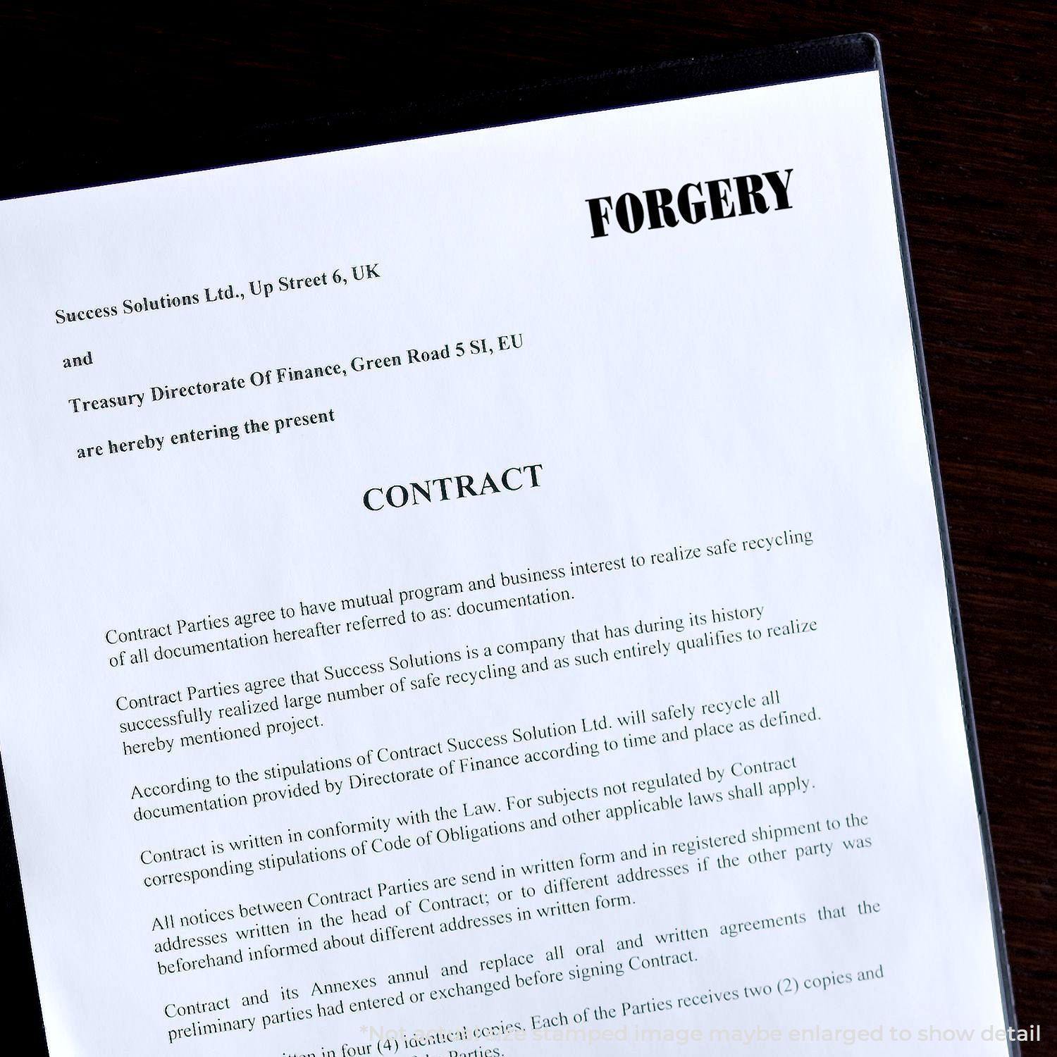 A document labeled CONTRACT with a bold FORGERY rubber stamp mark on the top right corner, indicating the document is forged.