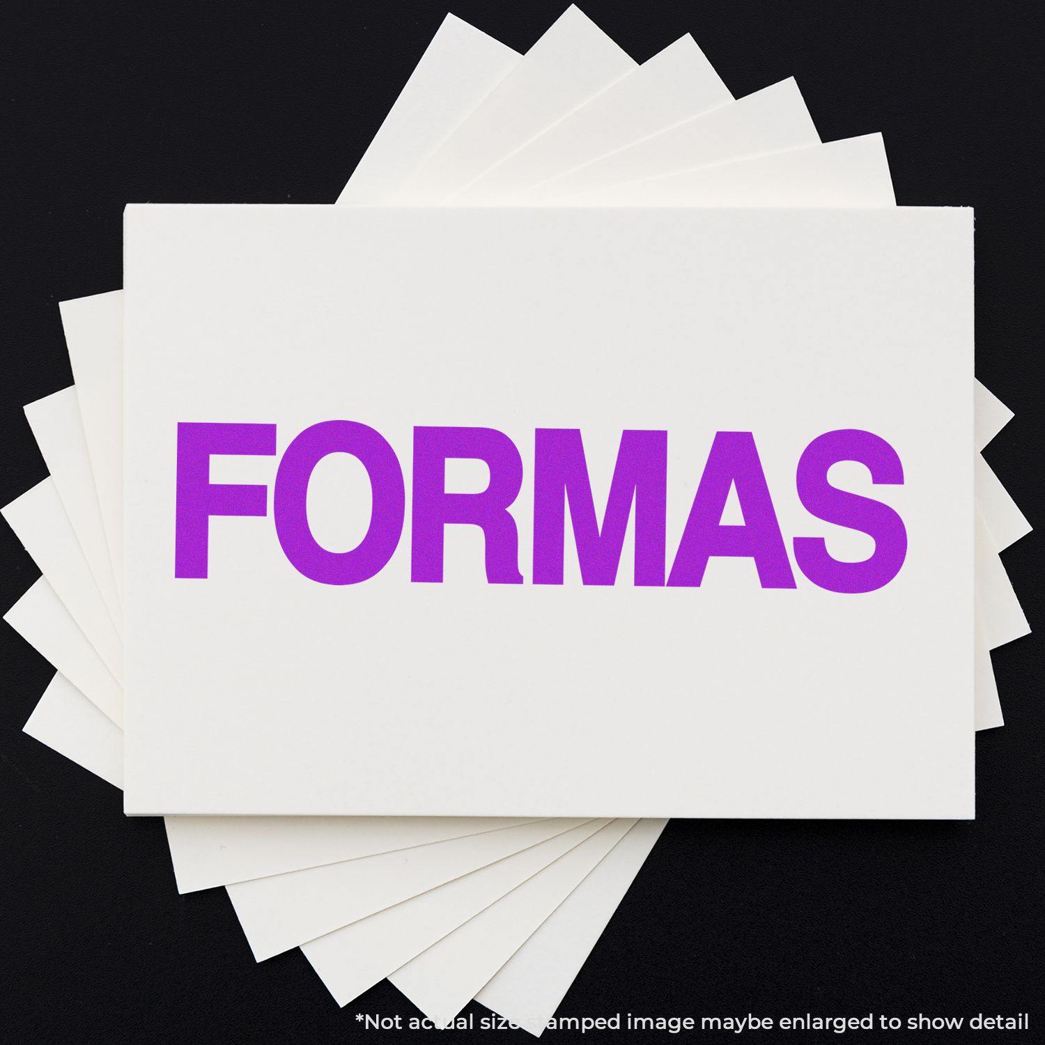 Large Formas Rubber Stamp in purple ink on white paper, displayed on a black background with multiple sheets fanned out behind.