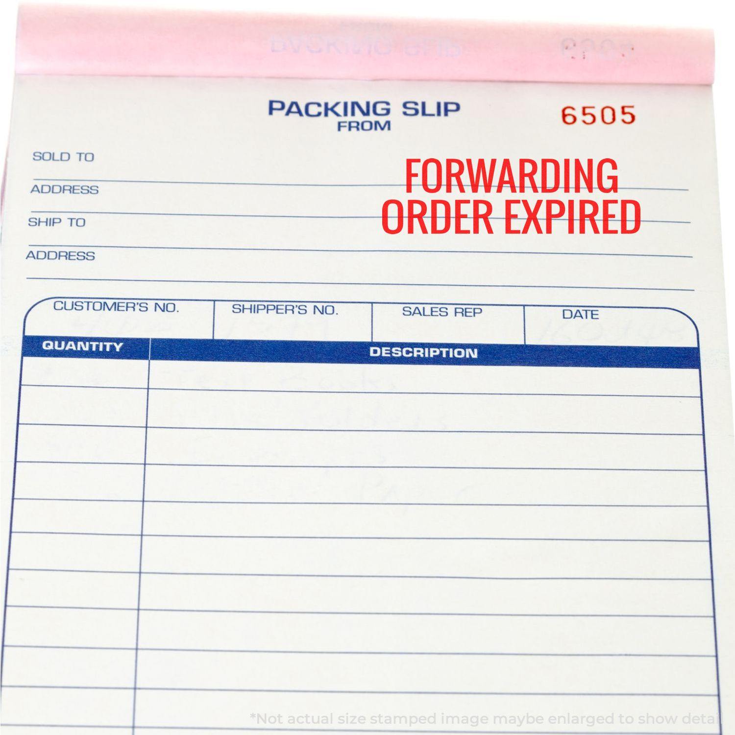 Packing slip with Forwarding Order Expired stamped in red using the Forwarding Order Expiring Rubber Stamp.