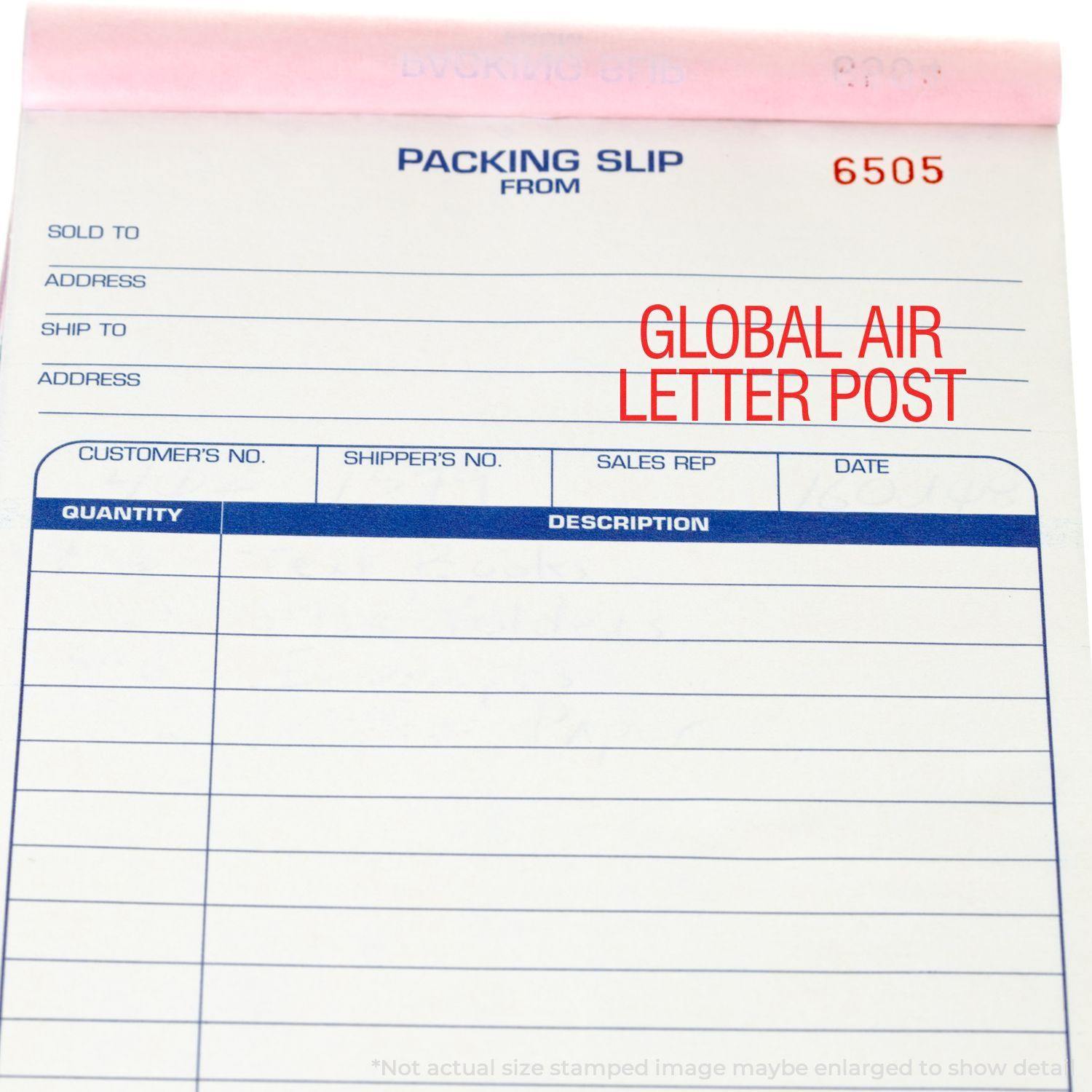 Packing slip with GLOBAL AIR LETTER POST rubber stamp in red ink, showing fields for customer details and order information.